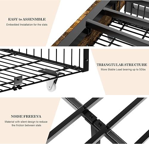 Miniatura 4 de Base de cama con 4 cajones, plataforma de metal resistente con cabecera y estribo, 9 patas de apoyo resistentes, no necesita somier, antideslizante,