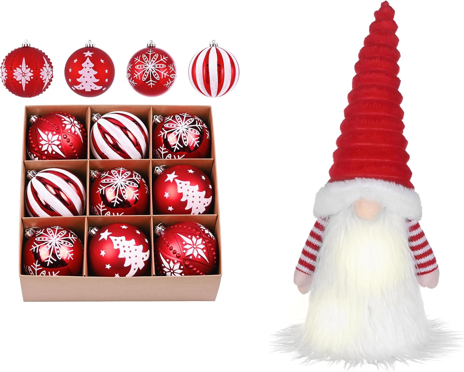 Valery Madelyn Christmas Ball Ornaments, 9ct Colorful Shatterproof Christmas Tree Decorations Set&Christmas Gnome Tree Topper with Timer（2 Items Buddle