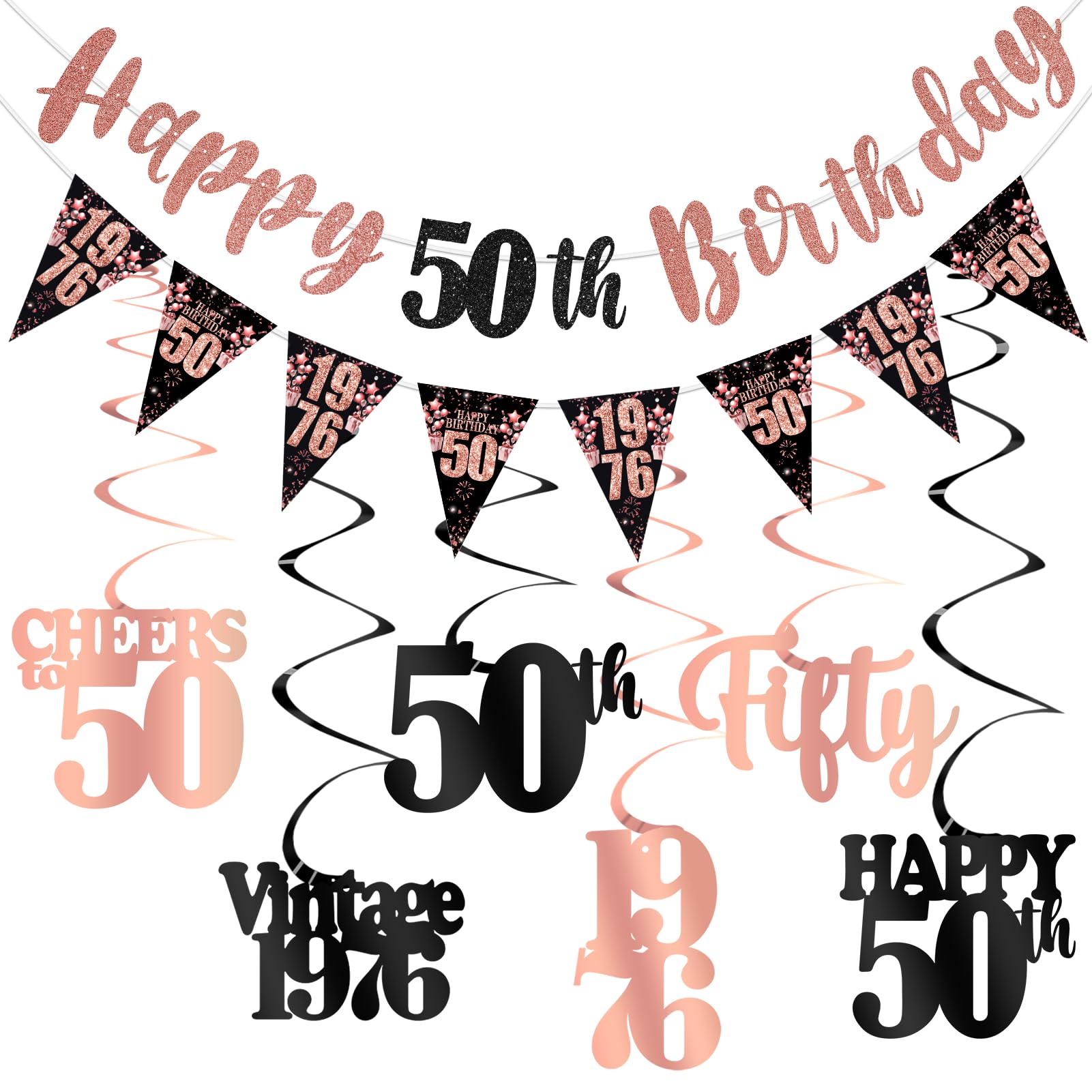 50th Birthday Decorations for Women, Black Rose Gold Happy 50th Birthday Banner Hanging Swirls Vintage 1976 Birthday Decorations Kit Cheers to 50