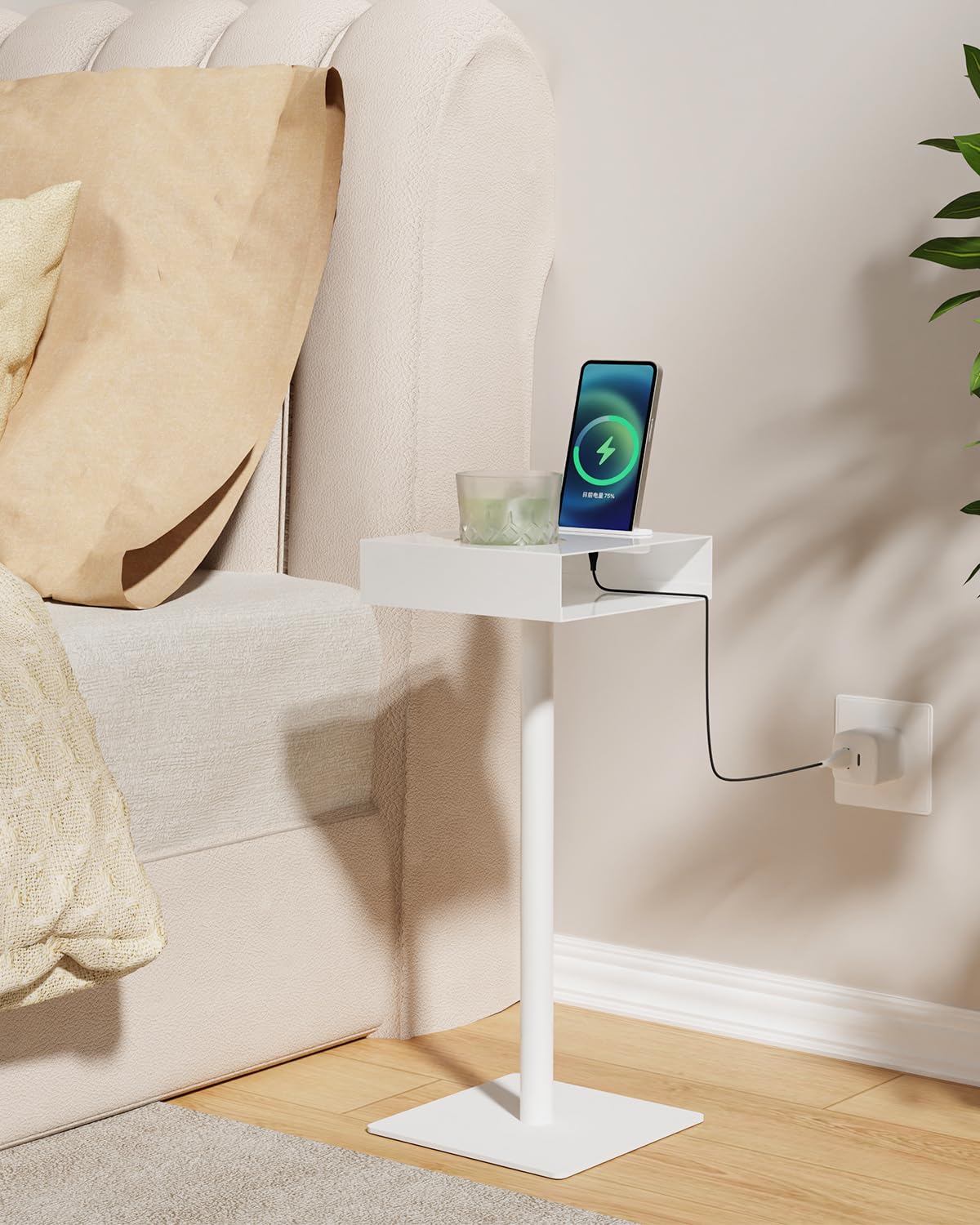 Yawinhe Lot de 1 Table d’appoint Métal,Carré Petite Table de Bout,Blanc | Table Basse Compacte pour Petits Espaces,Bout de canapé avec Fente, pour Téléphone Portable en Porte-coupe