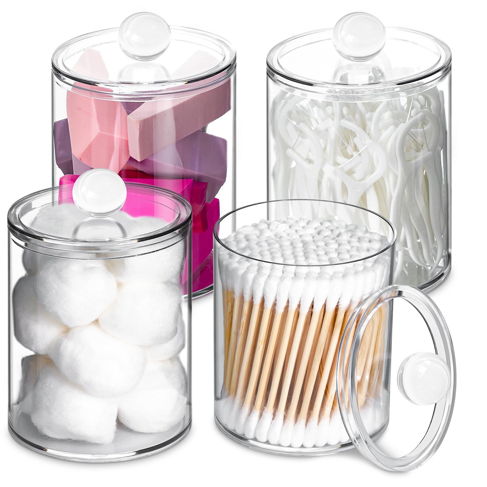 4 Pcs Acrylic Qtip Holder, Cotton Ball Holder Jars with Lids, Clear
