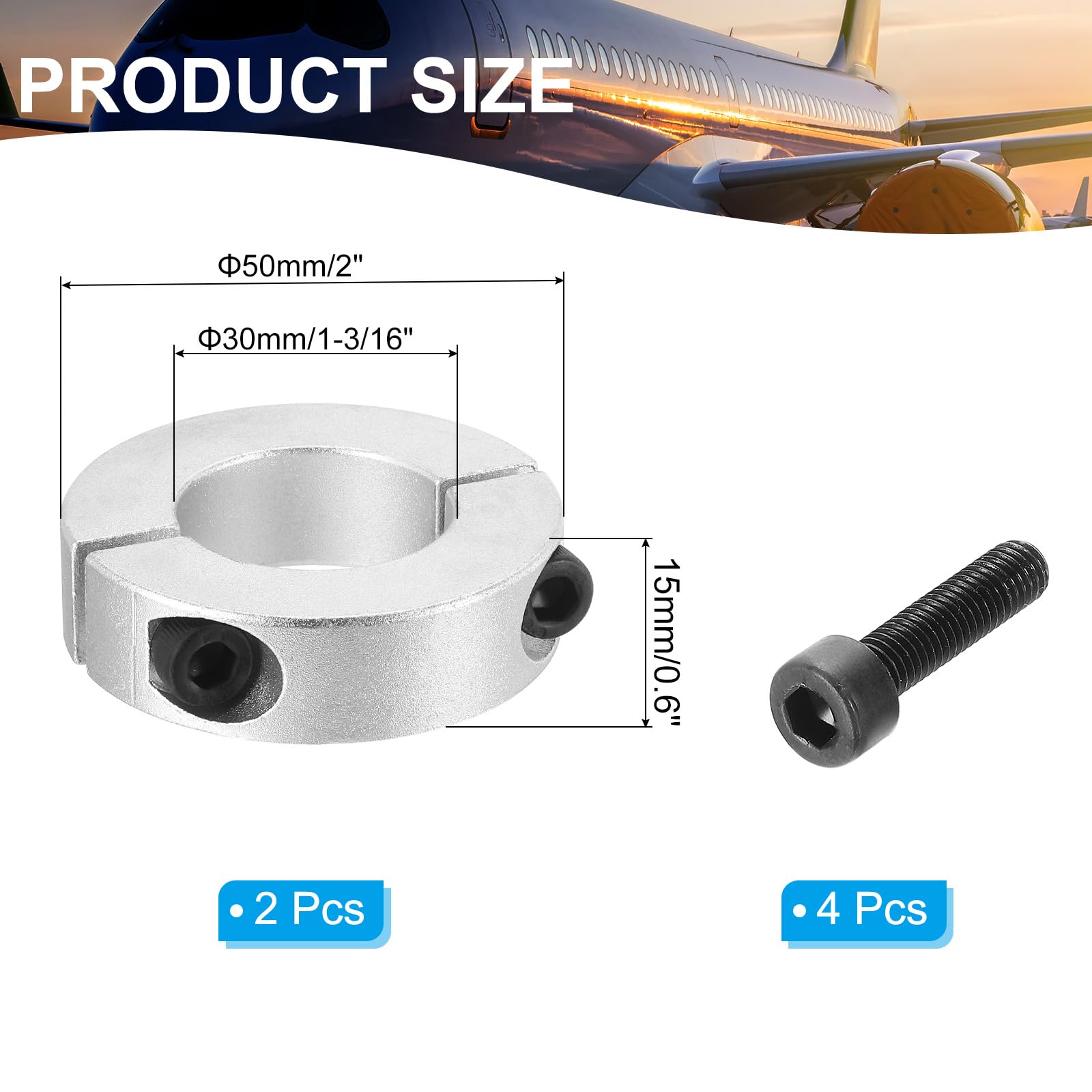 PATIKIL Otwór 30 mm podwójny podział kołnierz wału zaciskowego 50 mm OD 15 mm grubość, 2 szt. Kołnierz blokujący ze stopu aluminium styl zacisk ze śrubą mocującą do przemysłu mechanicznego, srebrny
