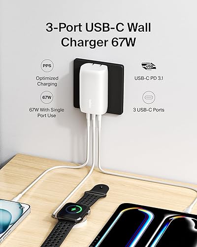 Miniatura 2 de Belkin Bloque de cargador USB C de 3 puertos de 67 W - PPS USB-C PD3.1 PPS carga súper rápida - Samsung Galaxy S25, Apple iPhone 17, Air, Pro,