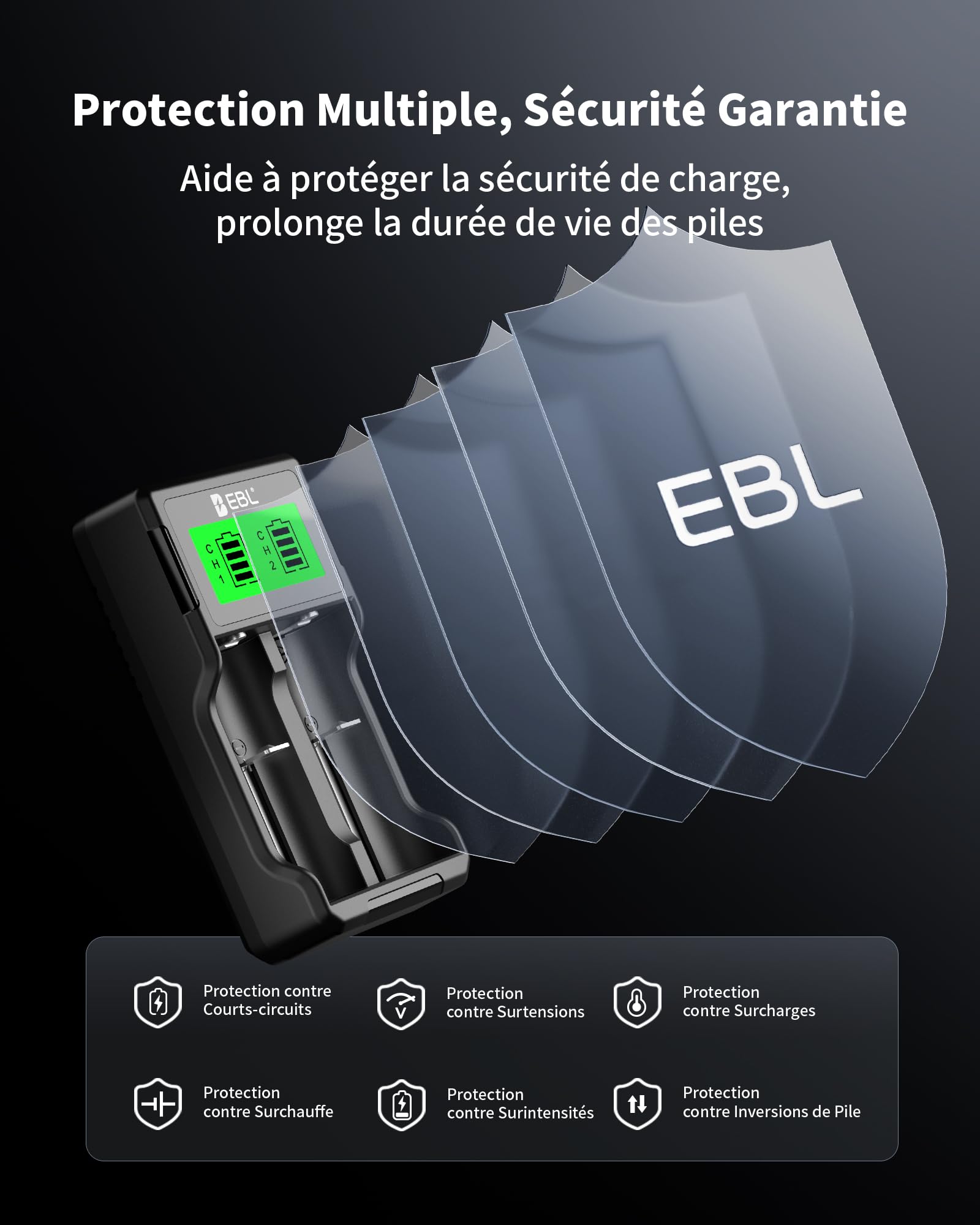EBL Chargeur de Piles Universel 18650, pour Piles Rechargeables 3.7V Lithium-ION 26650 22650 18650 18490 18350 17670 17500 16340 (RCR123) 14500, et 1.2V Ni-MH Ni-CD AA AAA etc.