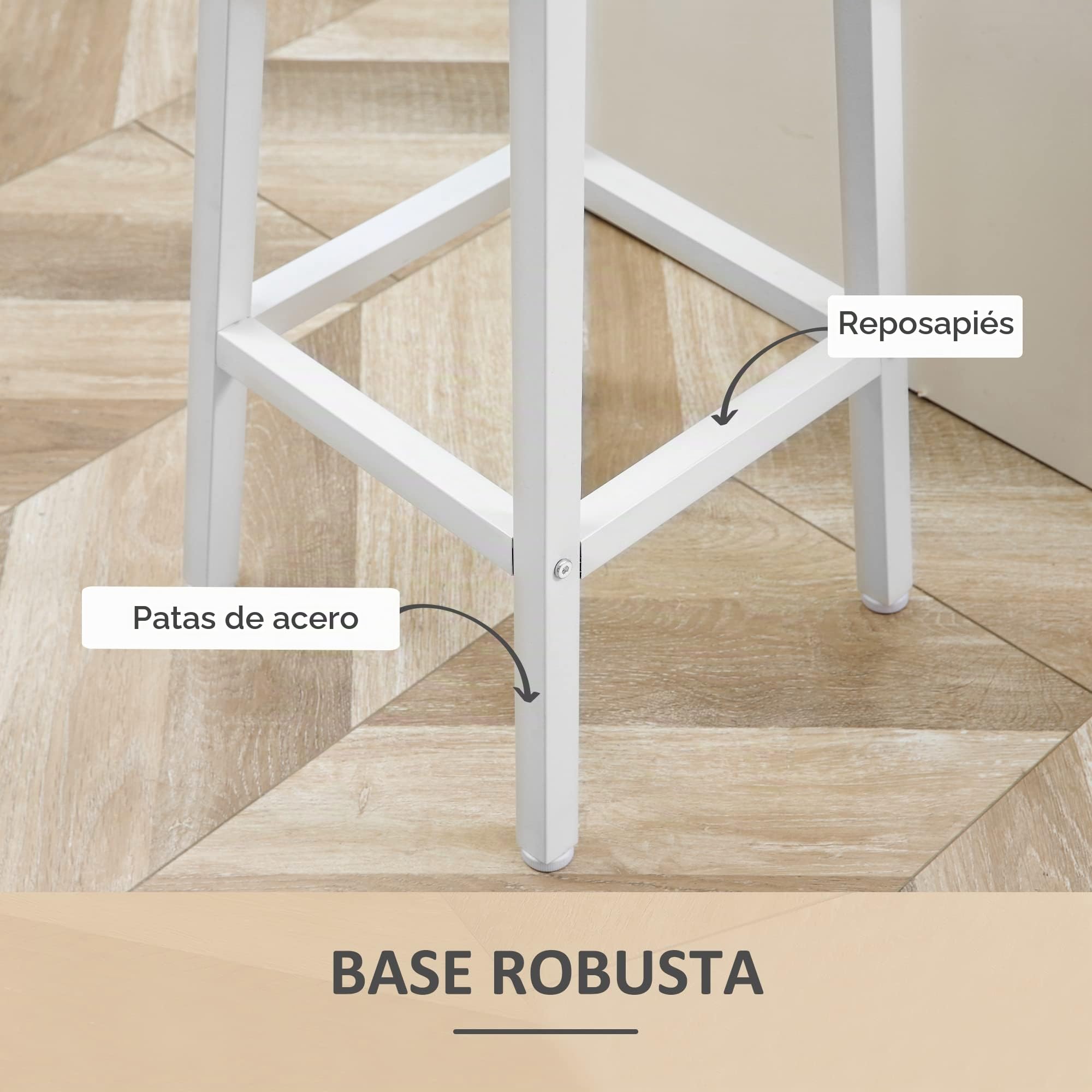 HOMCOM Juego de 2 Taburetes Altos de Cocina 65 cm Madera Natural y Blanco | Taburetes de Bar, Patas de Acero, Reposapiés, para Salón Comedor Bar, Carga 75 kg