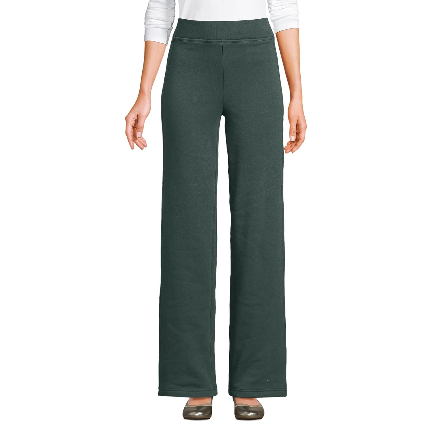 Lands End Womens Serious Sweats High Rise Fleece Lined Straight Leg Pants Large Evening Forest
