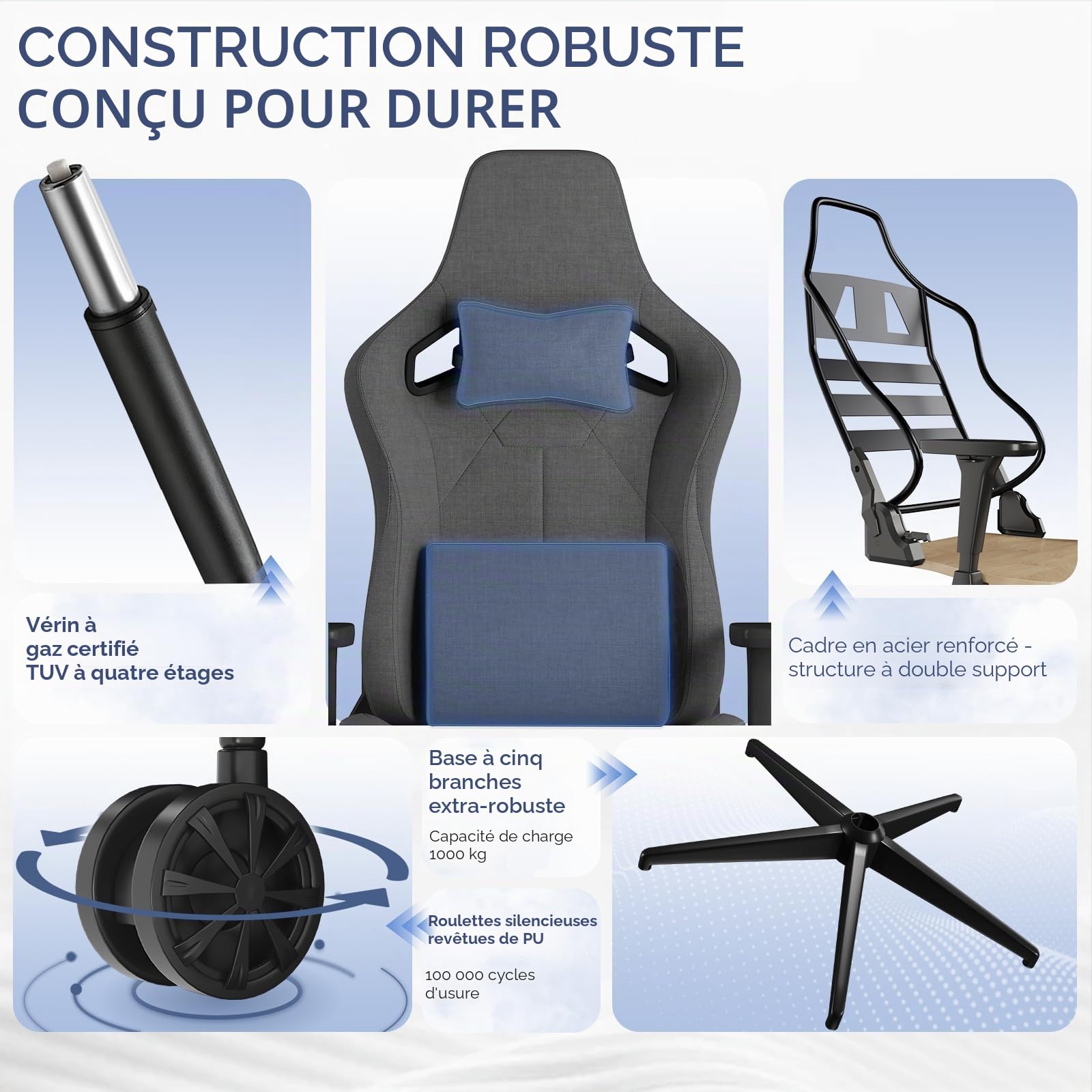 JUMMCIO Chaise de Gaming en Tissu avec siège de Course, Chaise de Bureau Confortable, Ergonomique, réglable en Hauteur 3D, Fonction inclinable (90 °-135 °), Charge maximale 200 kg, Gris