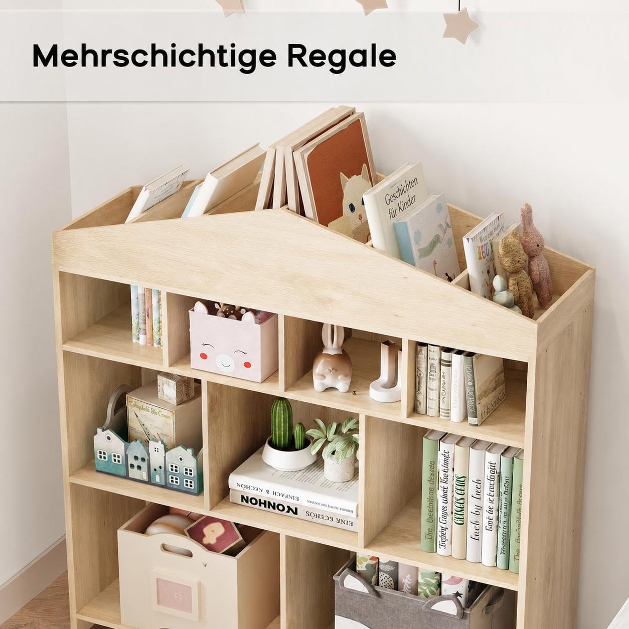 Kinderregal Hausform Holz, 103,5x100x30 cm | 4 Etagen Aufbewahrungsregal, Für Spielzeug & Bilderbücher, Ideal für Kinderzimmer, Spielzimmer oder Kindergarten