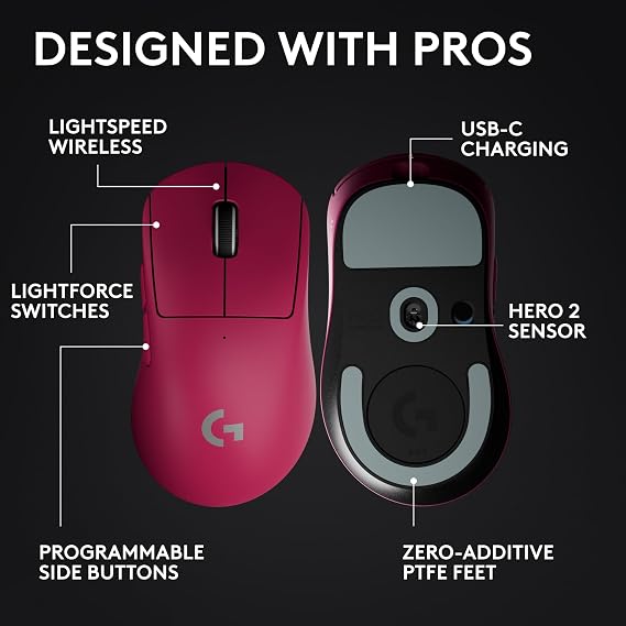 Logitech G PRO X Superlight 2 DEX Lightspeed Wireless Gaming Mouse, 60g Pro-Grade Lightweight Mouse with 5 Programmable Buttons, 44k DPI Sensor, 8K Polling, USB-C Charging, for PC/Mac - Pink