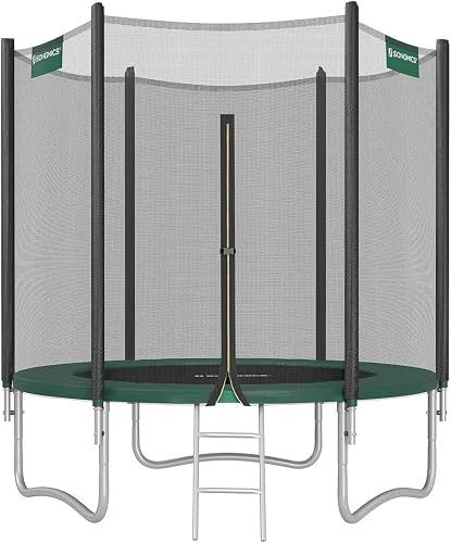 SONGMICS Children's Outdoor Trampoline Diameter 183 cm, External Protective Net, Safety Cushions, Ladder, 180 cm High Straight Pole, Steel Frame, Black and Green STR061C01 - 1