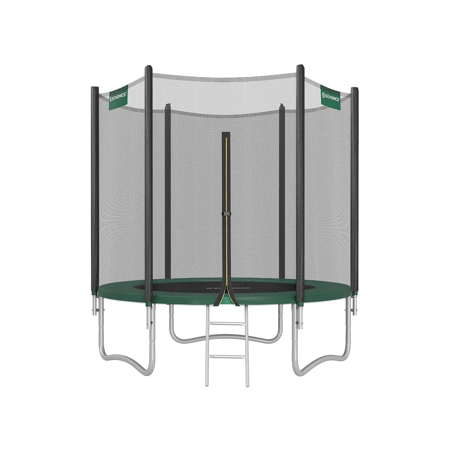 SONGMICS Children's Outdoor Trampoline Diameter 183 cm, External Protective Net, Safety Cushions, Ladder, 180 cm High Straight Pole, Steel Frame, Black and Green STR061C01