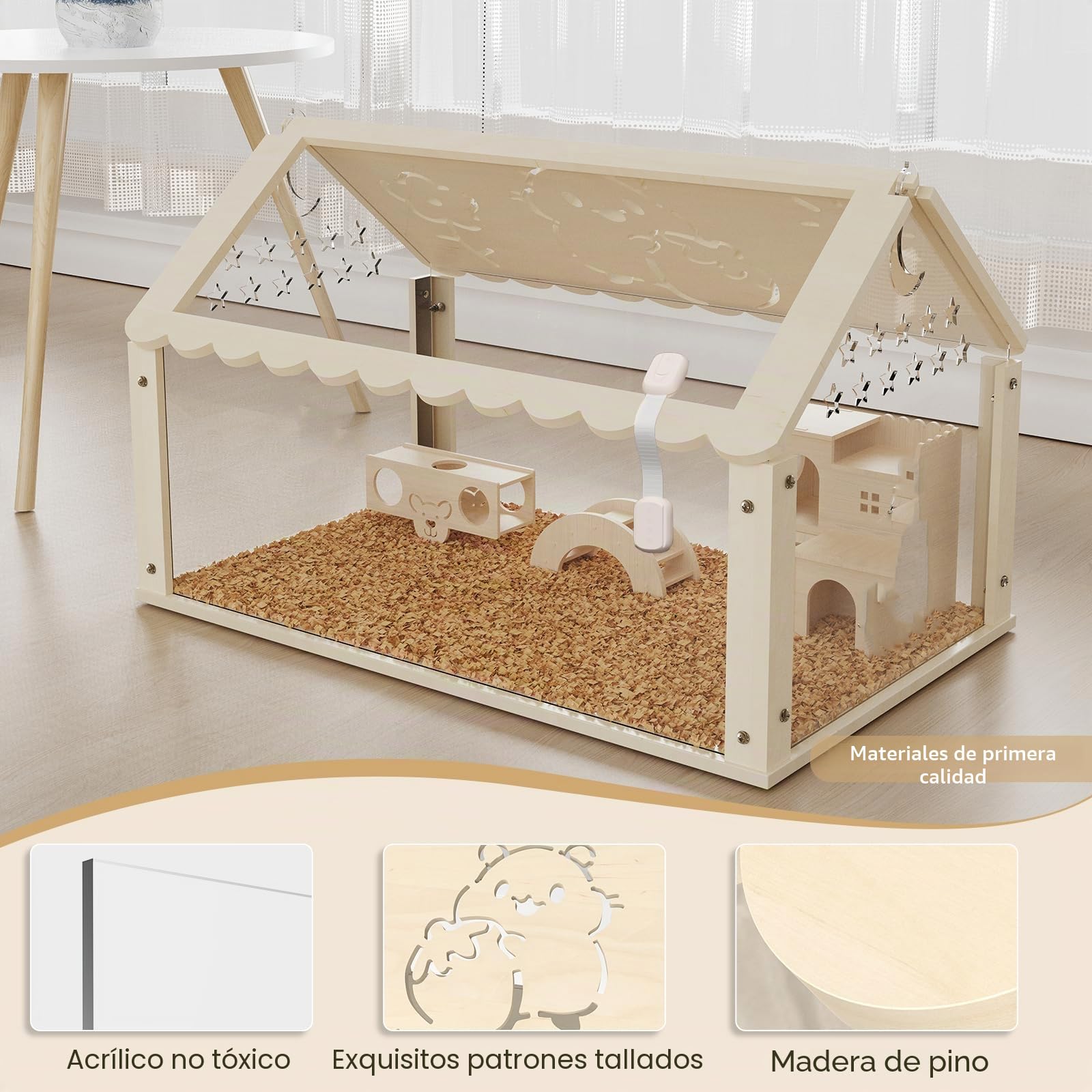 Jaula de hámster de madera con acrílico, jaula de hámster enano, 60 x 30 x 40 cm, villa para hámsters, hámster pequeño con tapa que se abre y escalera de escalada, jaula para ratones para conejillos