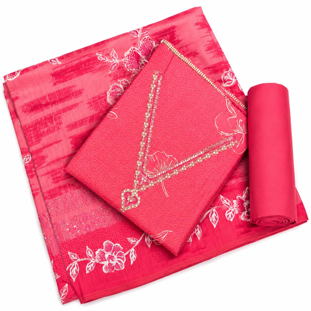 Women's Olive Green Unstitched Cotton Blend Dress Material with Embroidered Kurta Fabric, Solid Bottom & Pink Tassel Dupatta | Ethnic Salwar Suit for Wedding Festive-image-18