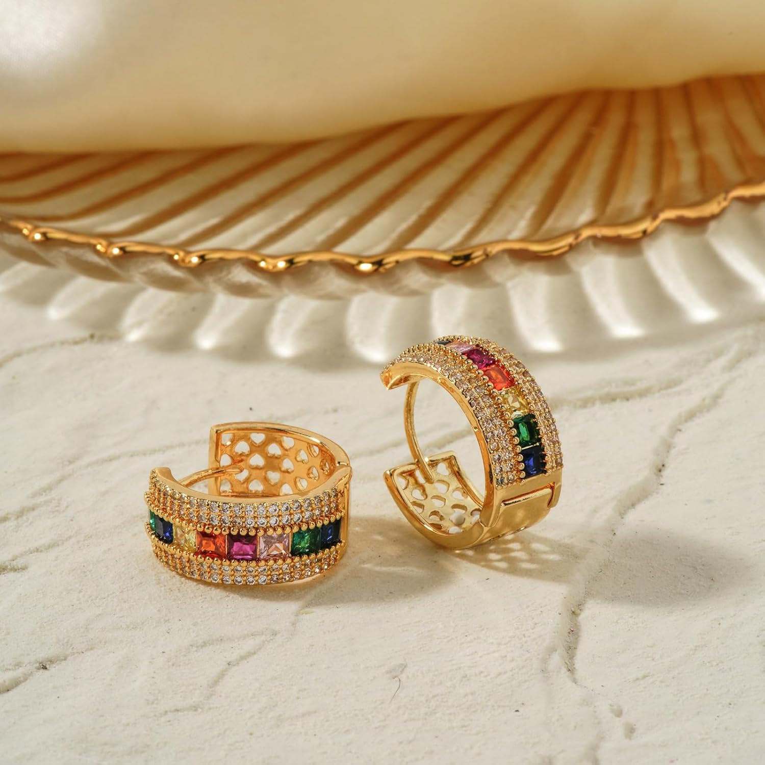 Gold Plated Wide Hoop Earrings for Women with Multicolor Cubic Zirconia – Statement Chunky Huggie Earrings Jewelry Gift - Image 2