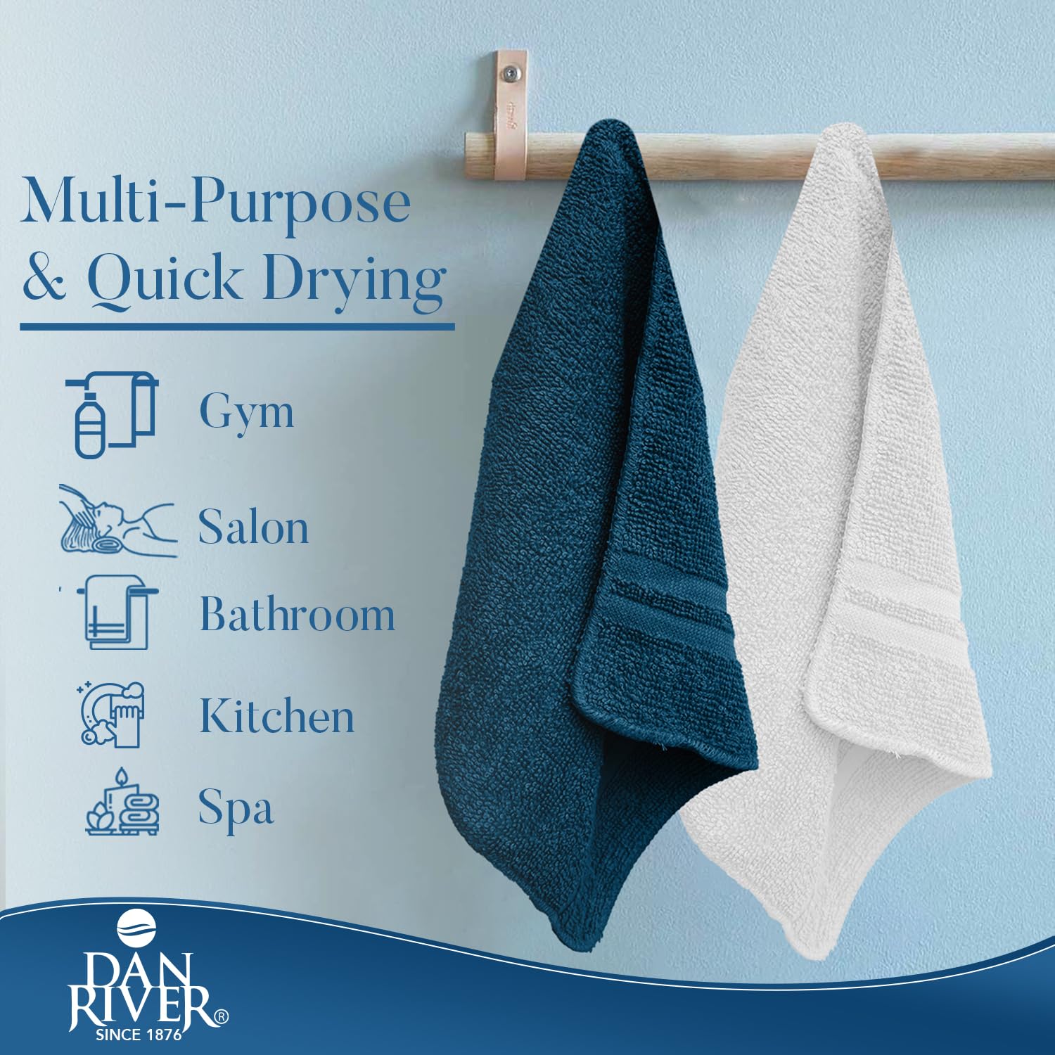 Dan River Paquete de 20 Toallas faciales 100% algodón, Toallas Esenciales de Secado rápido para baño, Manos, Cocina y Limpieza, paños de bebé | 11 x 11 Pulgadas | 400 g/m² | Azul ópalo + Blanco