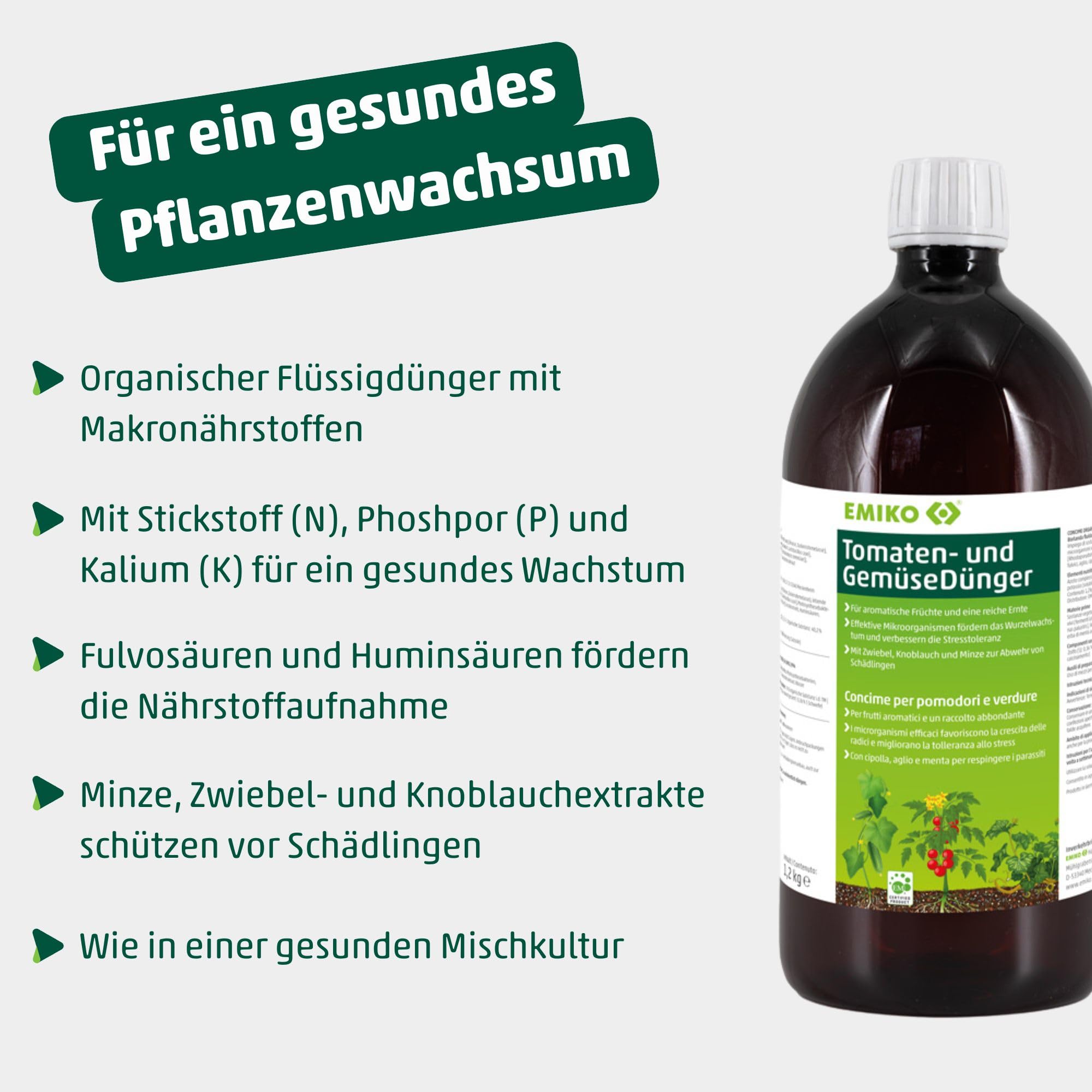 Emiko Tomaten- und GemüseDünger 1,2kg für aromatisches Gemüse und eine reiche Ernte mit effektiven Mikroorganismen I Tomaten I Gurken I Zucchini I Paprika etc.