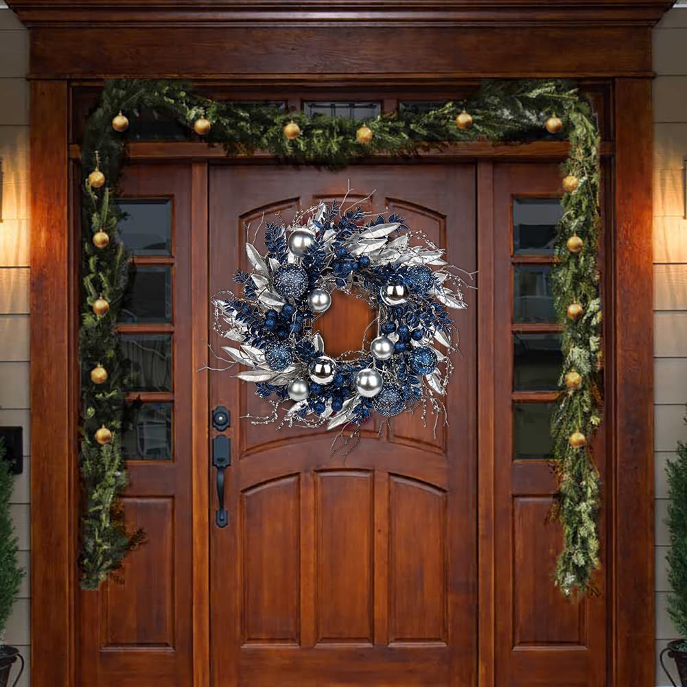 16 in. Unlit Christmas Wreath Blue Door Wreath Handcrafted with Artificial Eucalyptus Berries Ornaments for Farmhouse Holiday Thanksgiving Christmas Decoration