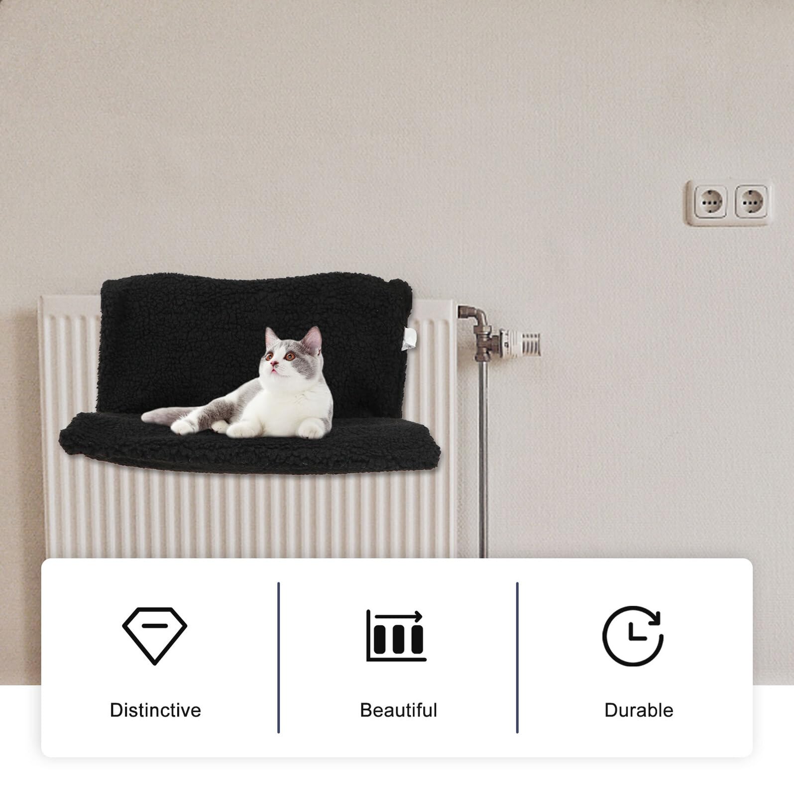 Amaca per Gatti da Letto Poliestere e Lino Struttura in Metallo Nero, Rimovibile e Ecologica per Inverno e Termosifoni