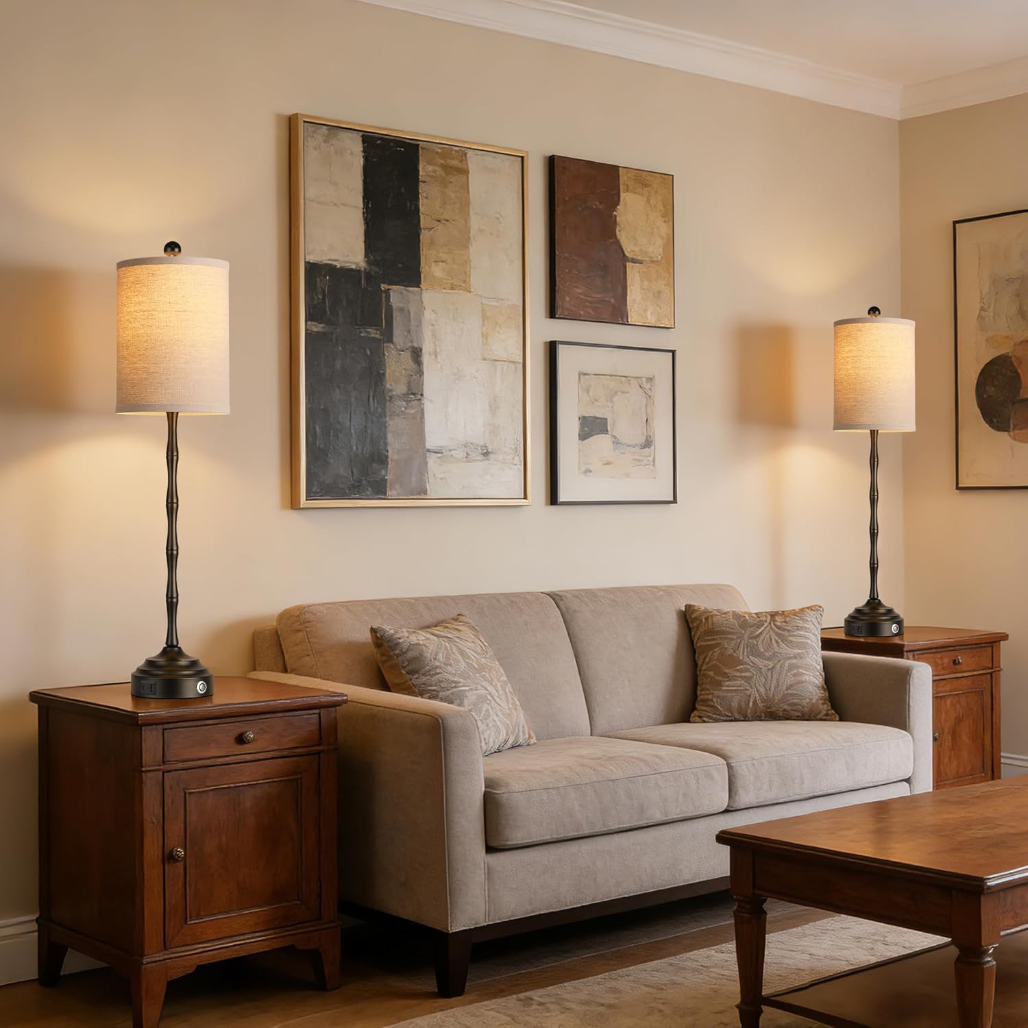 Qimh Buffet Lamps for Night Stands, 30.5" Tall Skinny Beside Lamps Set of 2 with Linen Shade and Stable Base, 2 LED Bulbs Morden Table Lamps for Living Room, Bedroom, Dinning Rooms, Entry, Home(Black)