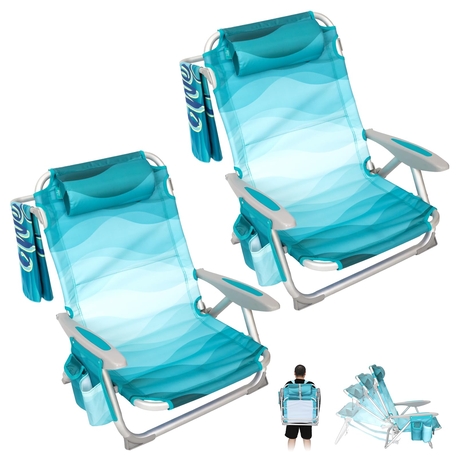 #WEJOY Lightweight Low 2 Pack Beach Chair for Adults, 4-Position Aluminum Folding Camping Chairs with Backpack Strap, Cup Holder and Padded Headrest, Supports 265lbs for Lawn OutdoorCyan Pattern
