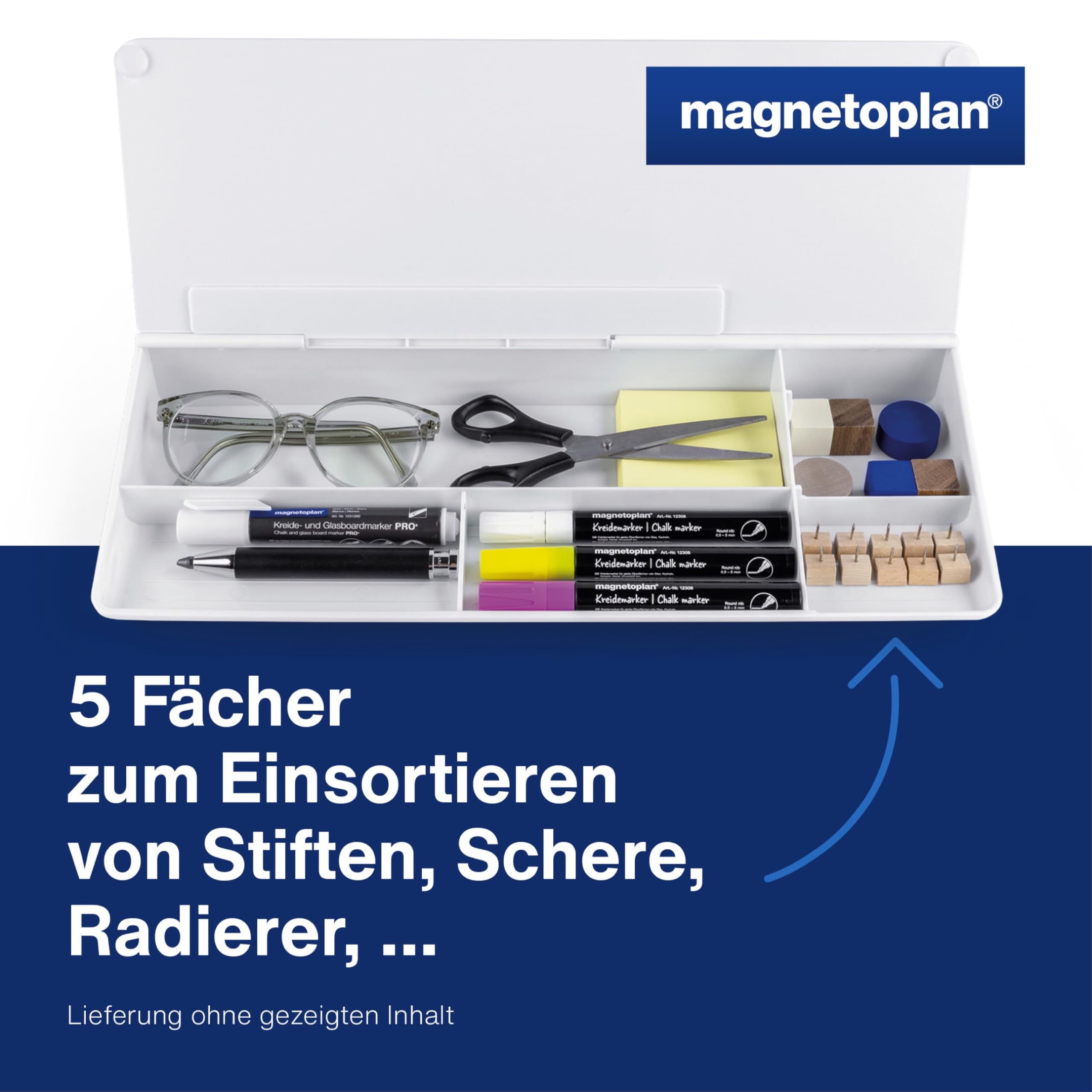 magnetoplan Glasboard Desk Organizer Whiteboard 420 x 56 x 180 mm weißes Glas mit Zubehörfächern inkl. Boardmarker mit Löscher