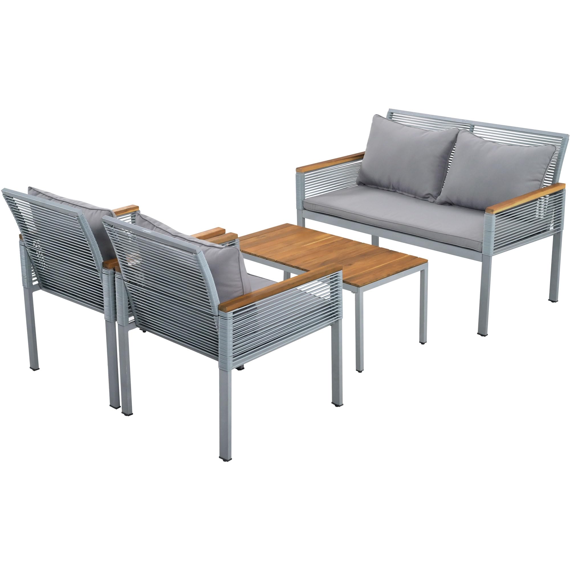 Ymkua Set di Mobili da Giardino, Salotto In Rattan 4 Set, Mobili da Balcone in Polyrattan, Mobili da Esterno per 4 Persone, con Cuscini, Divano Doppio, 2 Poltrone e Tavolo (Grigio)