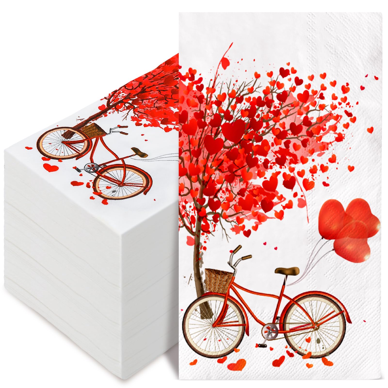 AnyDesign 100 Pack Valentine's Day Guest Napkins Red Heart Tree Bicycle Print Paper Dinner Napkins Sweet Decorative Disposable Hand Napkins for Party Tableware Supplies, 13 x 15.7 Inch