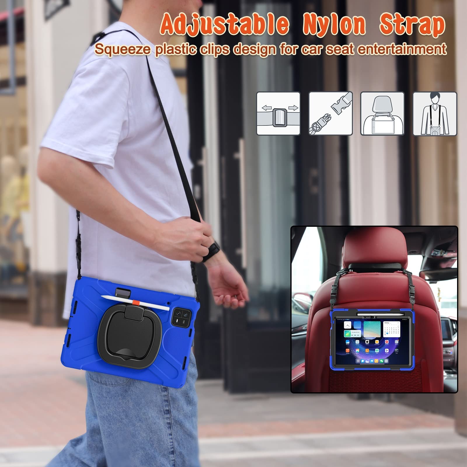 Coque Compatible avec Xiaomi Pad 6/Pad 6 Pro 11 Pouces (Version 2023), Coque Robuste en TPU Antichoc for Enfants, Support Multifonction Rotatif à 360 degrés et bandoulière(Blu)