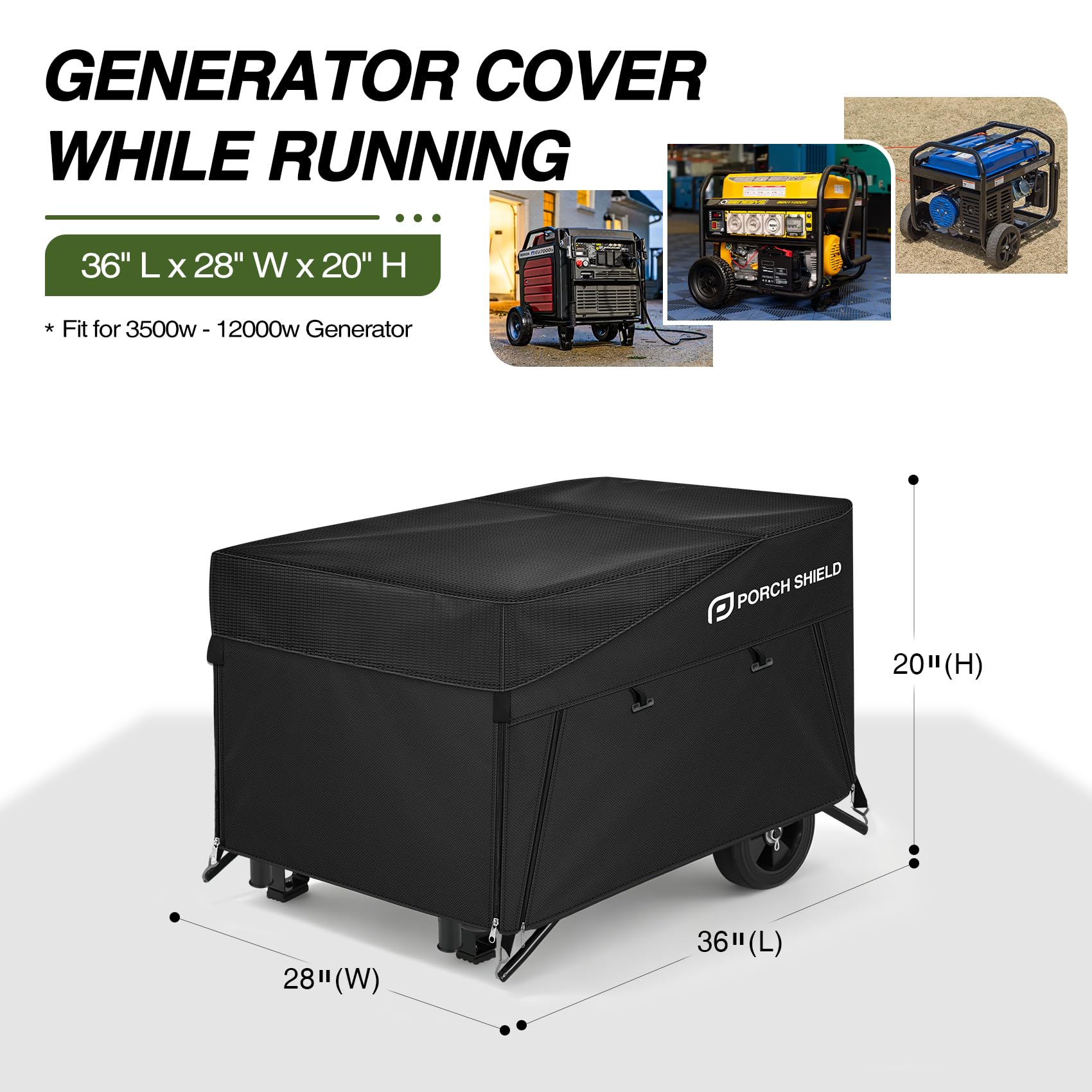 Porch Shield - Cubierta para generador, cubierta impermeable y de alta resistencia para proteger de la lluvia, para generadores de 3500 a 12000 W, apertura superior, negro