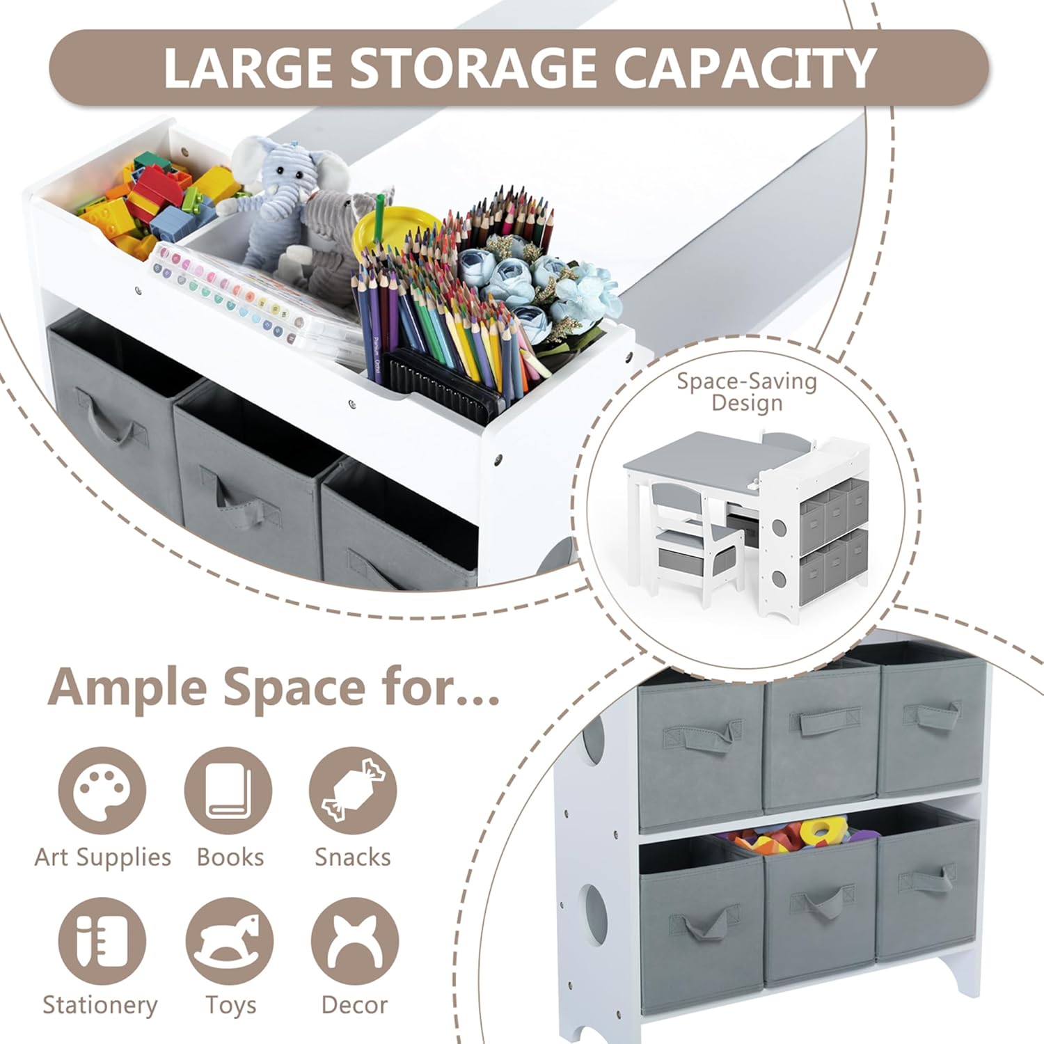 Kinder King Kids Art Table & Chair Set, Wood Toddler Activity Table for Kids Drawing, Reading, Studying, Crafting, Playing, 8 Removable Bins, Paper Roll for Playroom, Nursery, Grey