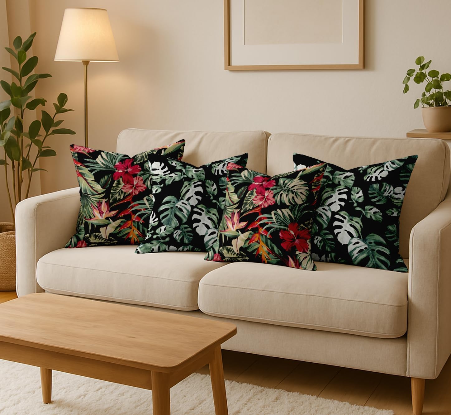 Tropical Design, Decorative Cushion Covers Set of 4-16x16 Inch, 100% Cotton, Printed on Both Sides, Hidden Zipper, Black