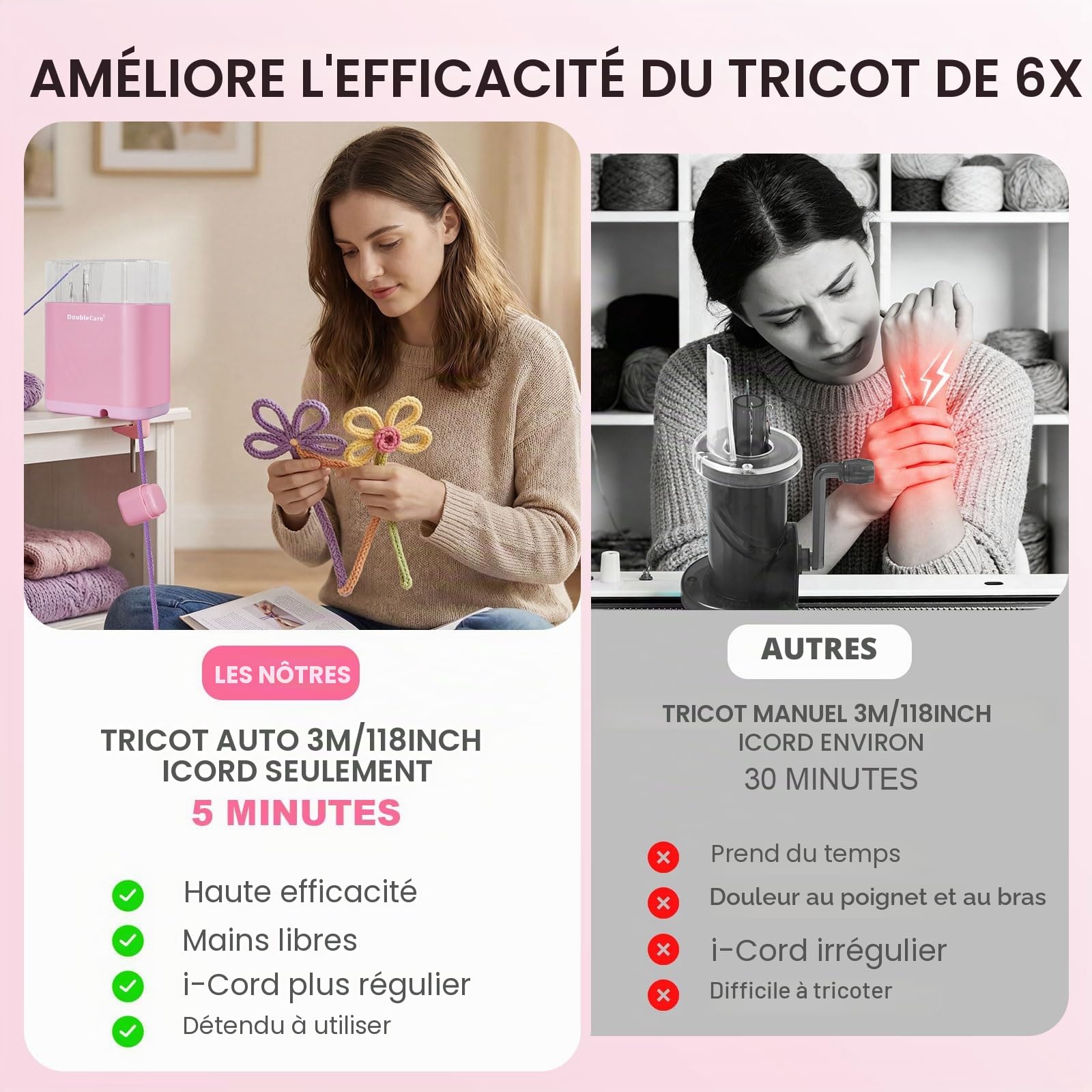 DoubleCare Machine à Tricoter Française, Machine à Tricoter Automatique iCord Électrique, Avec 2 Bobines de Fil et 1 Rouleau de Fil de Fer de 2 m, Pour Projets de Bricolage DIY Rapides, Rose