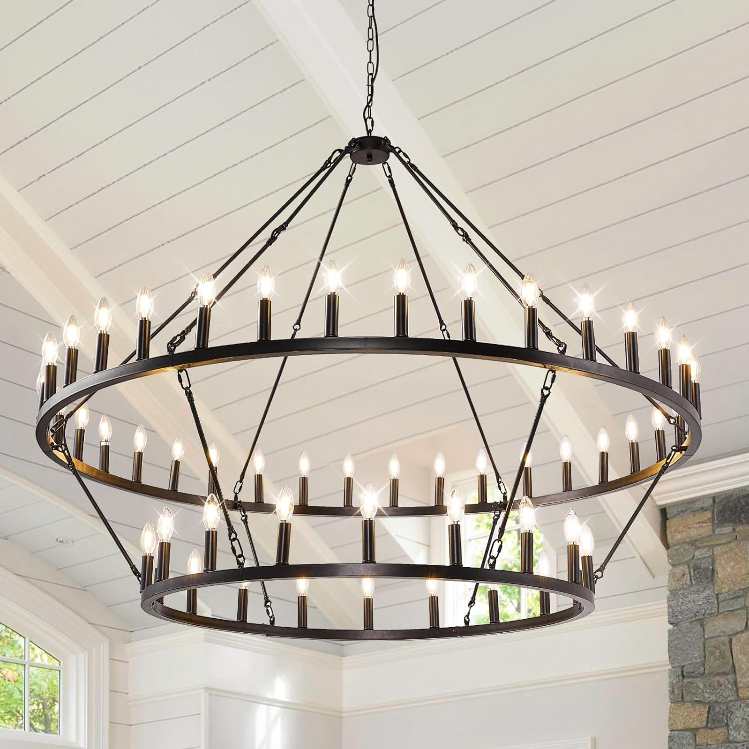 Black Wagon Wheel Chandelier, 2 Tier 60-Inch 54-Light, Extra Large Round Rustic Farmhouse Light Fixture, Foyer Chandeliers for High Ceilings, for Living Room,Dining Room,Kitchen Island,Entryway