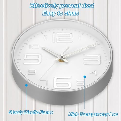 Miniatura 3 de PATIKIL Relojes de pared de cuarzo de 8 pulgadas, funciona con pilas, silenciosos, sin tictac, números 3D, relojes de pared redondos decorativos