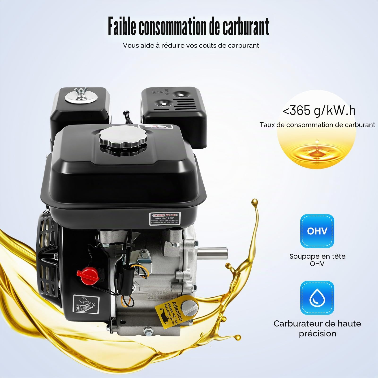 Moteur à Essence 4 Temps 7,5 CV, Moteur Thermique 212cc OHV Monocylindre avec Arbre de 20 mm de Diamètre et Alarme d'Huile - Moteur Industriel 3600 tr/min