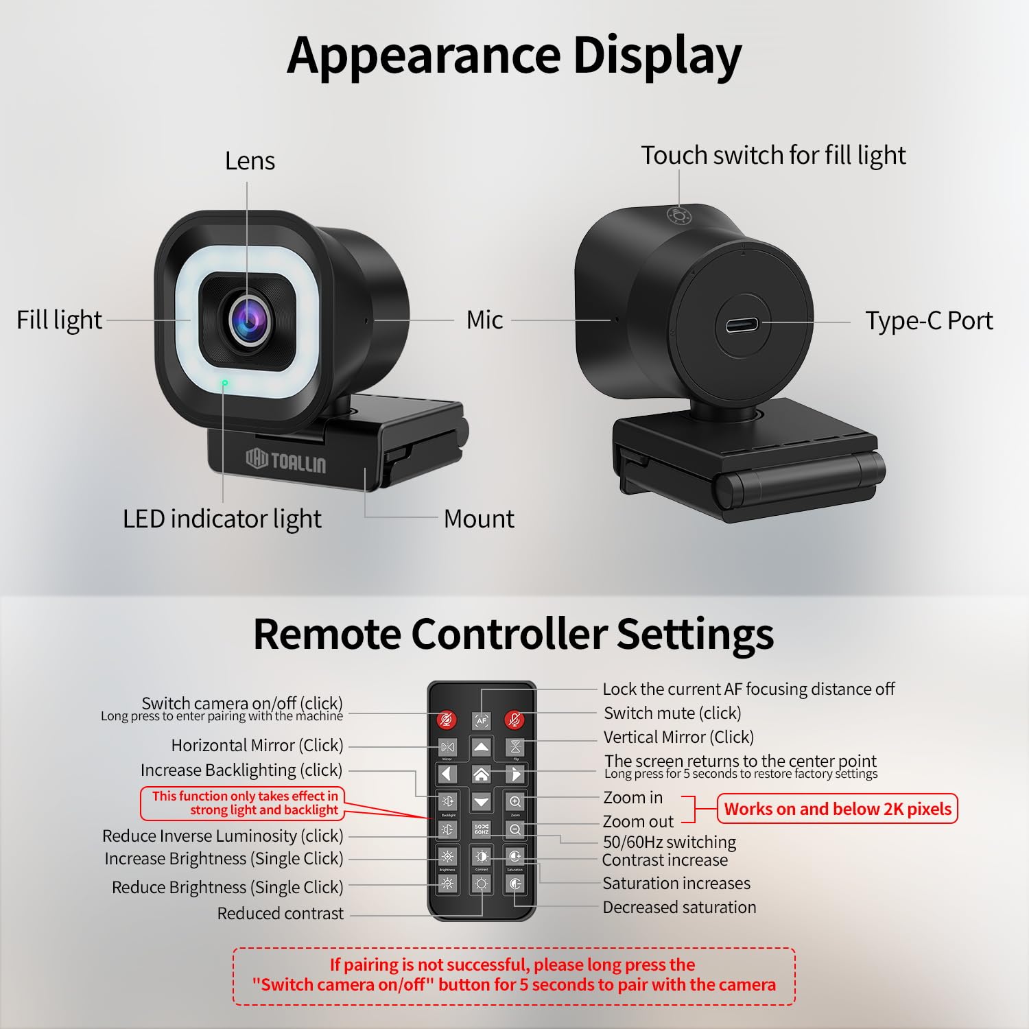 TOALLIN Webcam 4K con luce ad anello, telecomando, Autofocus PDAF, 12 milioni di pixel, doppio microfono integrato, zoom digitale 5X, webcam per streaming live/riunioni/videochiamate