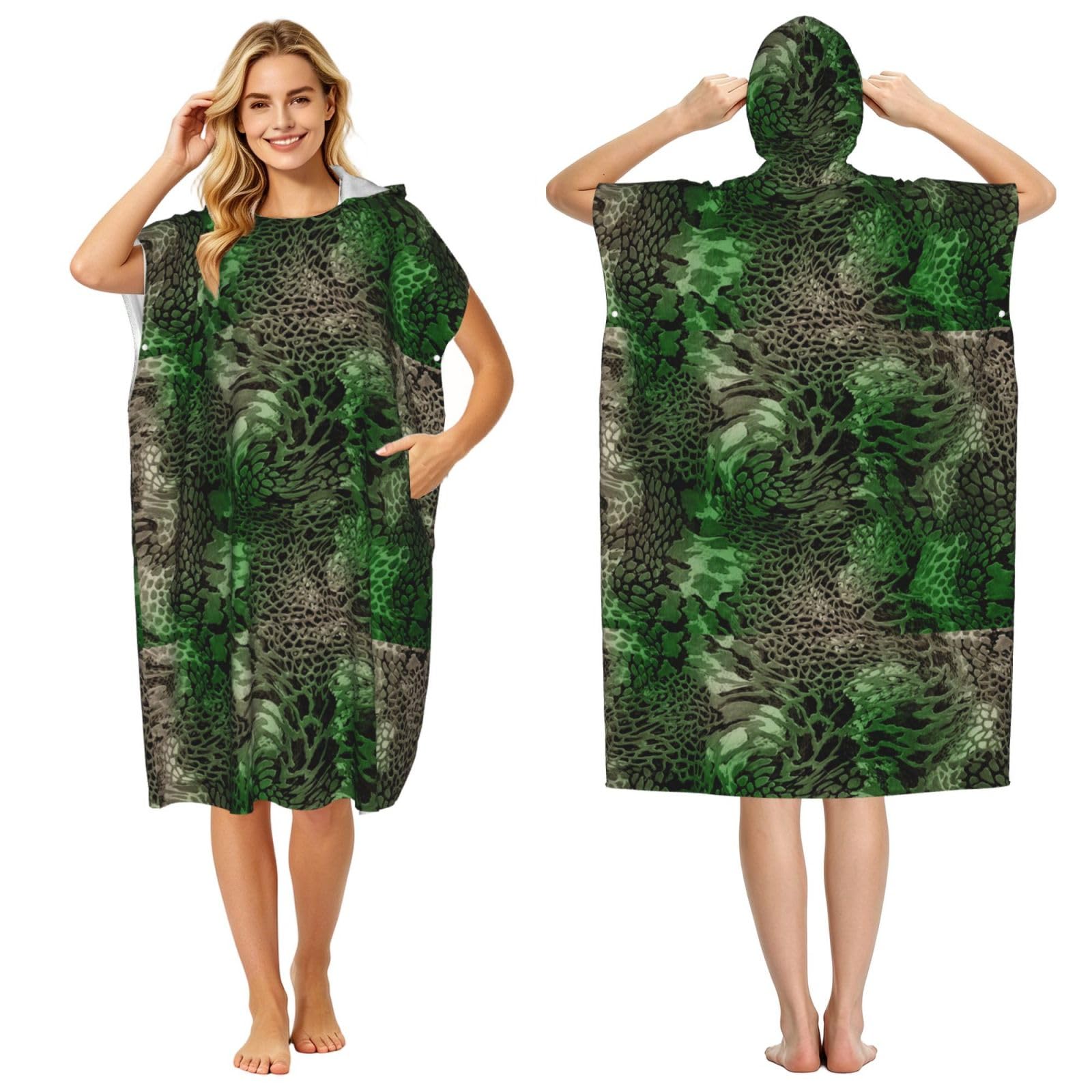 Poadnly Green Snake Printed, Adult Hooded Beach Towel 90 x 110 cm,Changing Bath Robe, Surf Poncho Towel For Women Men