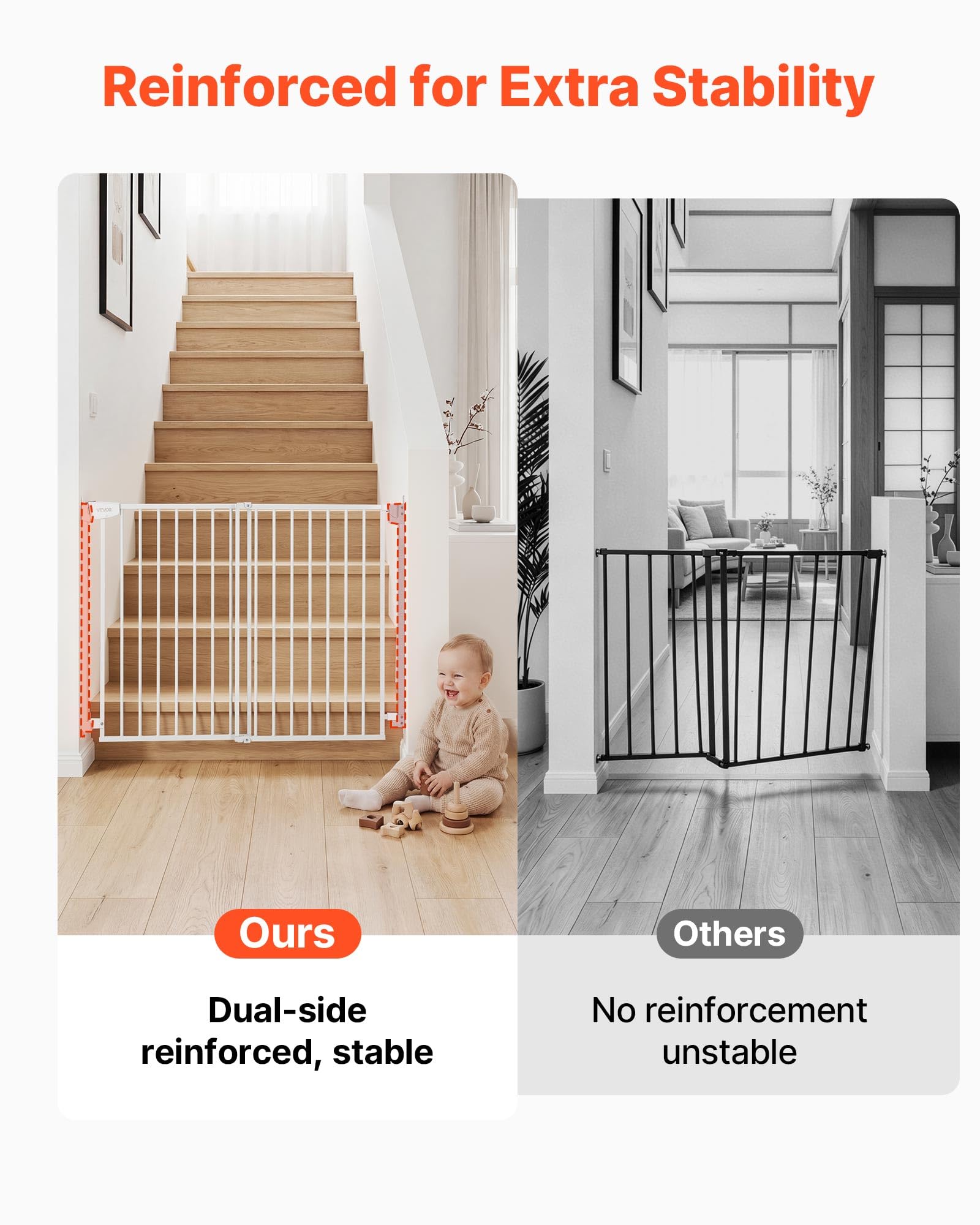 VEVOR Barrera de Seguridad para Niños, Alto de 760 mm, Ajustable de 778-1210 mm, Valla de Seguridad para Mascotas, Cierre Automático Apertura 180° Bloqueo Doble, Kit de Instalación, para Escaleras