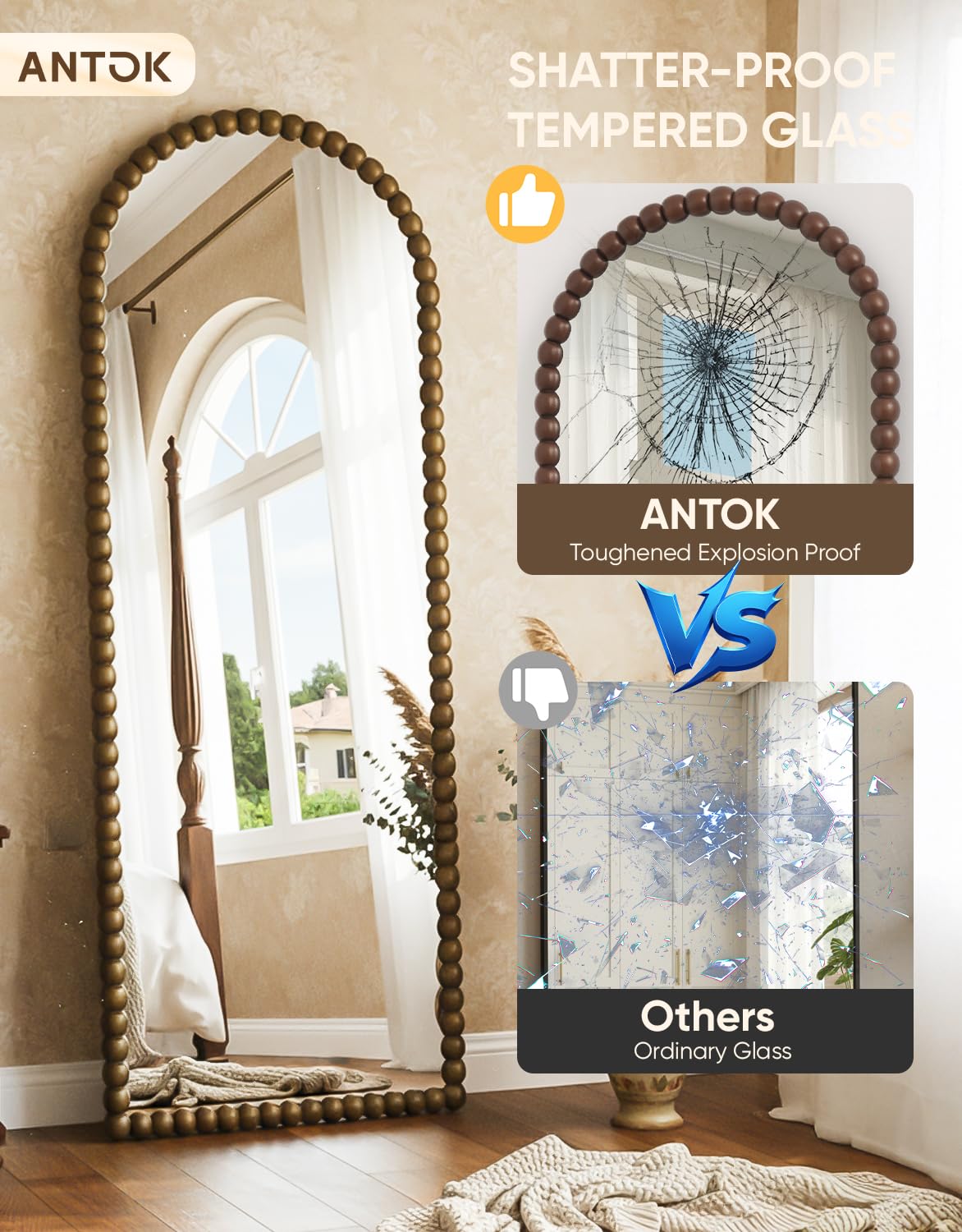 Antok 180x71 cm Ganzkörperspiegel Standspiegel - Arch Gerader Winkel Spiegel mit HD Glas BogenSpiegel Wandspiegel für Wohnzimmer Schlafzimmer, Hellbraun