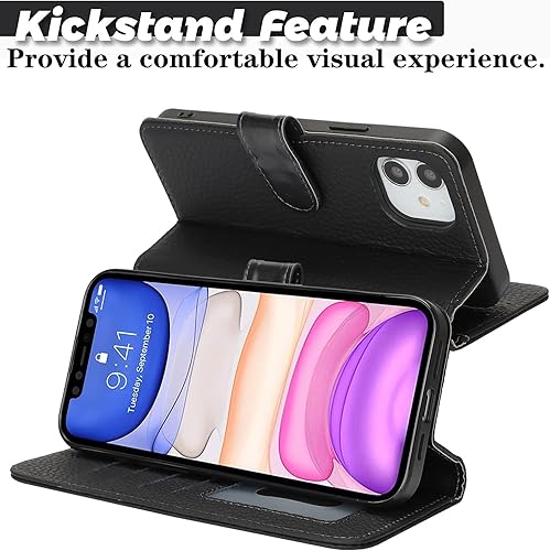 Miniatura 5 de Zouzt Funda para iPhone 11 de 6.1 pulgadas de piel auténtica con 4 ranuras para tarjetas, tarjetero con bloqueo RFID, tapa magnética, función atril,