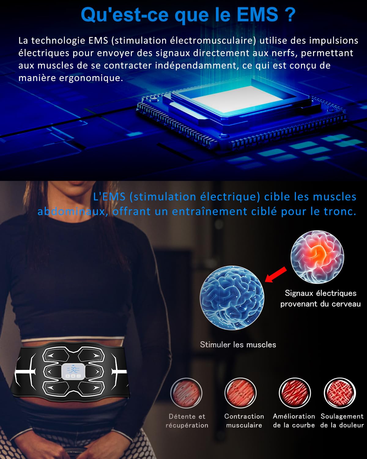 Electrostimulateur Musculaire, ceinture abdominale electrostimulation, Lavable, Coussinet en silicone doux pour la peau, Pas besoin de remplacer, 6 modes, 30 niveaux, stimulateur musculaire, Unisexe