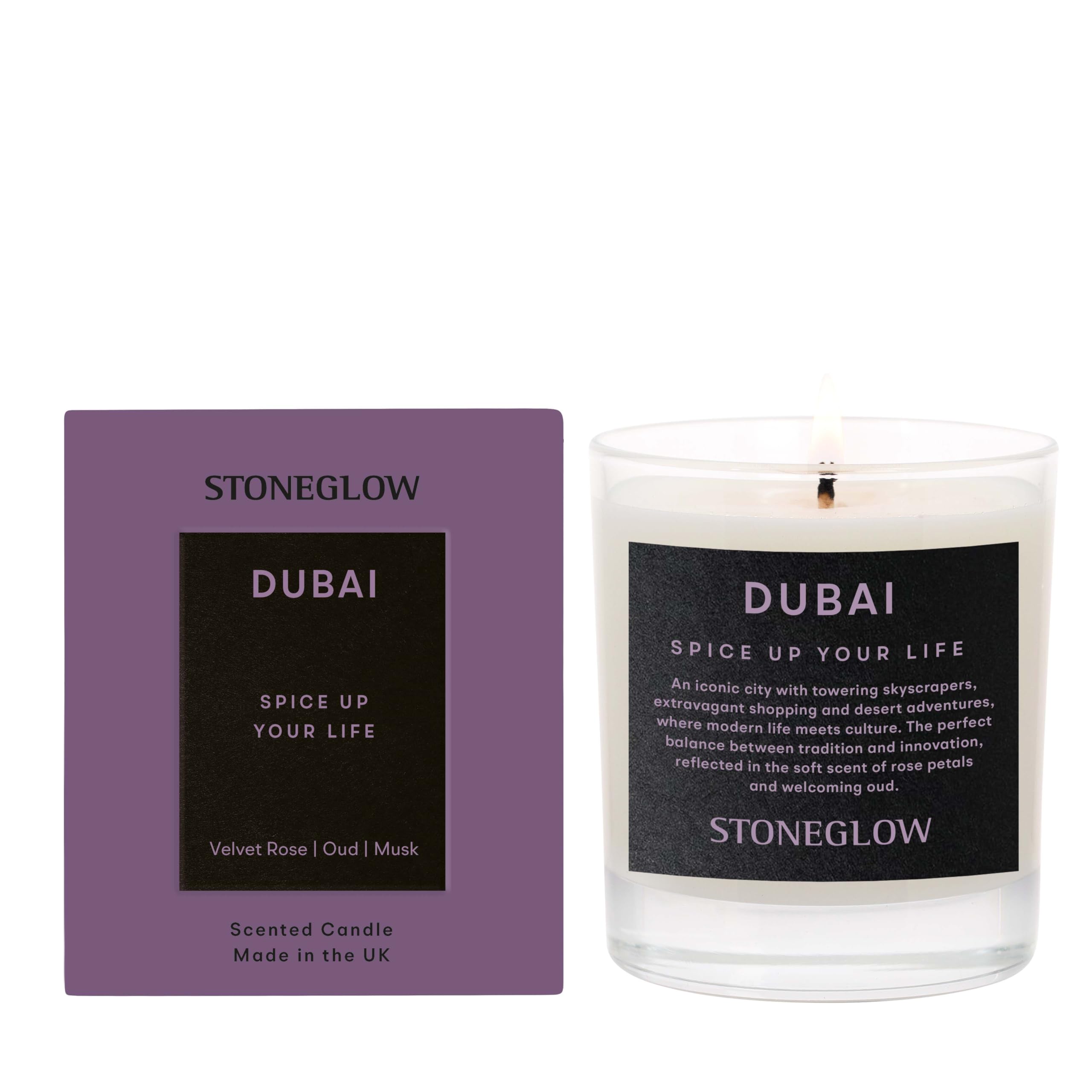Stoneglow Explorer Collection Dubai Duftkerze, Samt-Rose, Oud, Moschus, 220 g, Violett