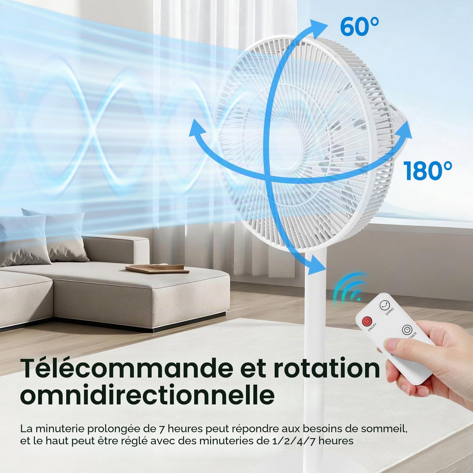 2-in-1 Ventilateur sur Pied Oscillant Silencieux avec Télécommande