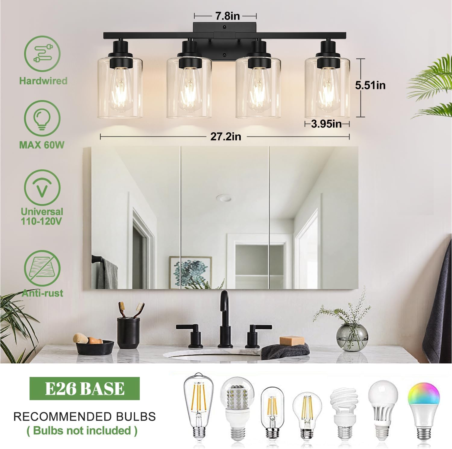 MOKATNG 4-Light Bathroom Light Fixtures, Vanity Light with Clear Glass Shades, Matte Black Bathroom Light Fixtures Over Mirror, Modern Bathroom Wall Lamp for Mirror Living Room Cabinet Bedroom image 3