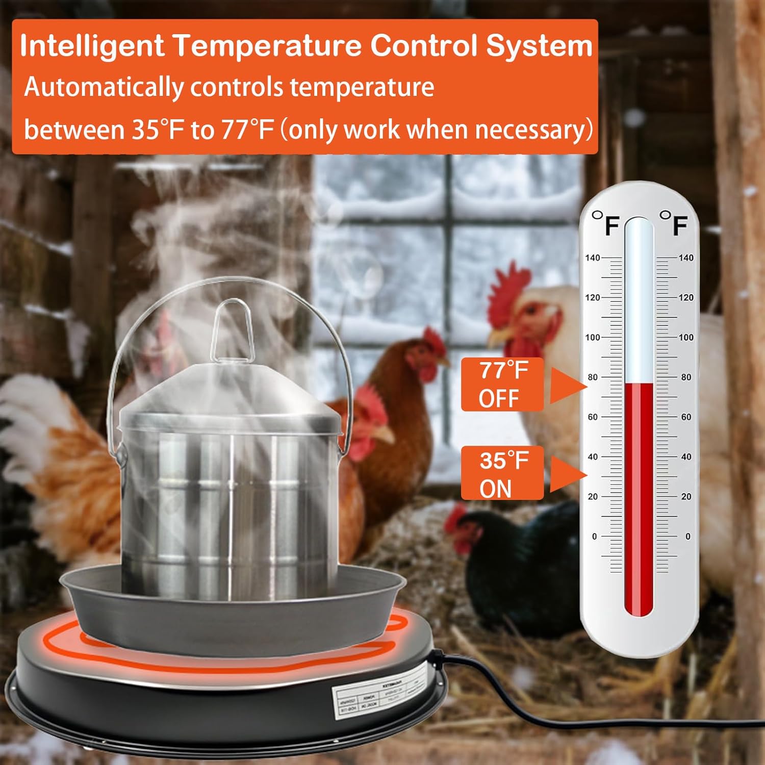 DOUBFIVSY Poultry Chicken Water Heater, 15" Chicken Water Heater Base for 3-5 Gallons Poultry Founts Waterer, 77℉ Automatic Shut-Off, 125W Energy-saving Poultry Water Heater for Outdoor Coops & Winter
