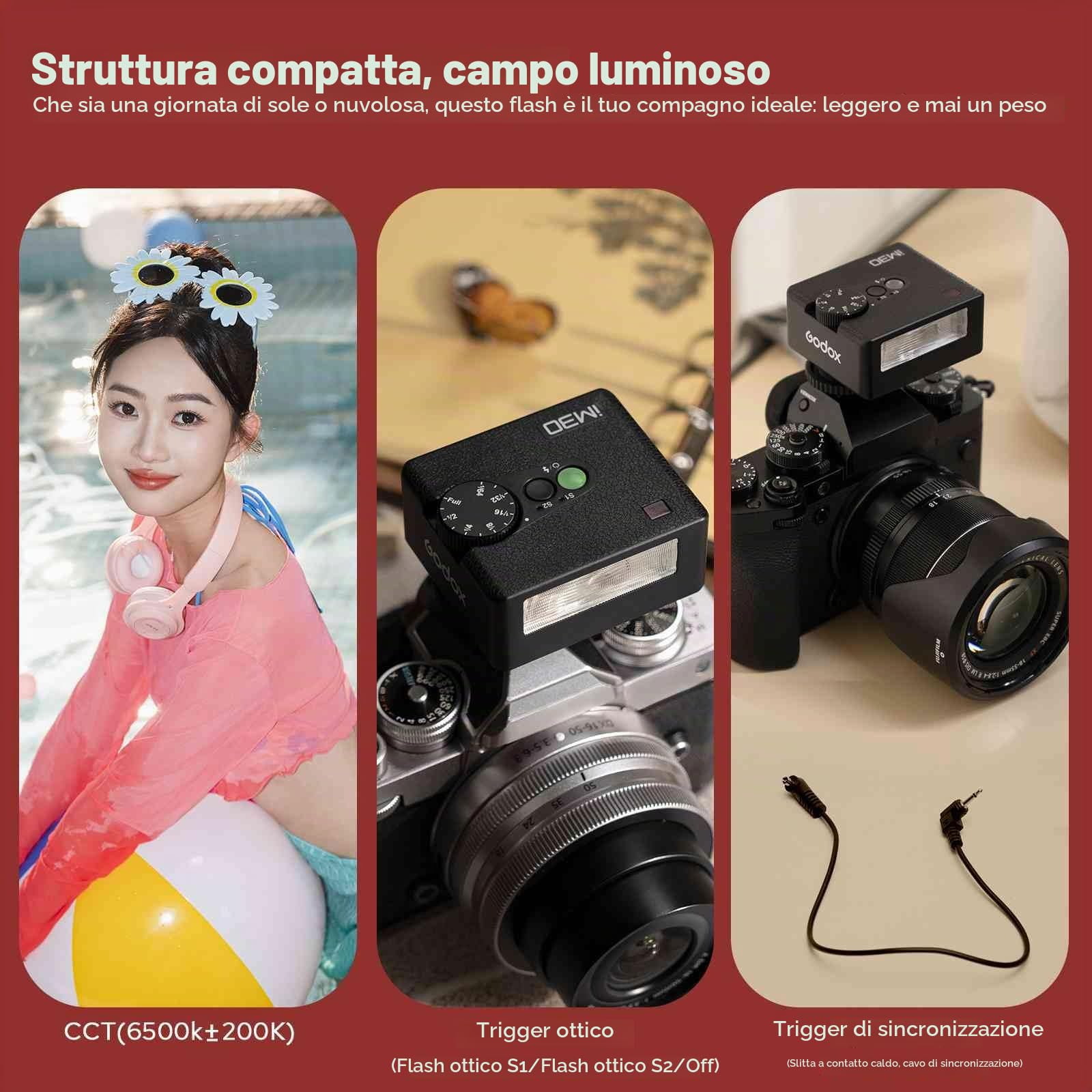 Godox iM30 Mini fotocamera flash, GN15 con potenza flash a 7 livelli, CCT 6500K±200K con controllo ottico S1/S2 per Canon/Sony/Fuji/Nikon/Panasonic/Olympus, per fotocamere con hotshoe singolo contatto