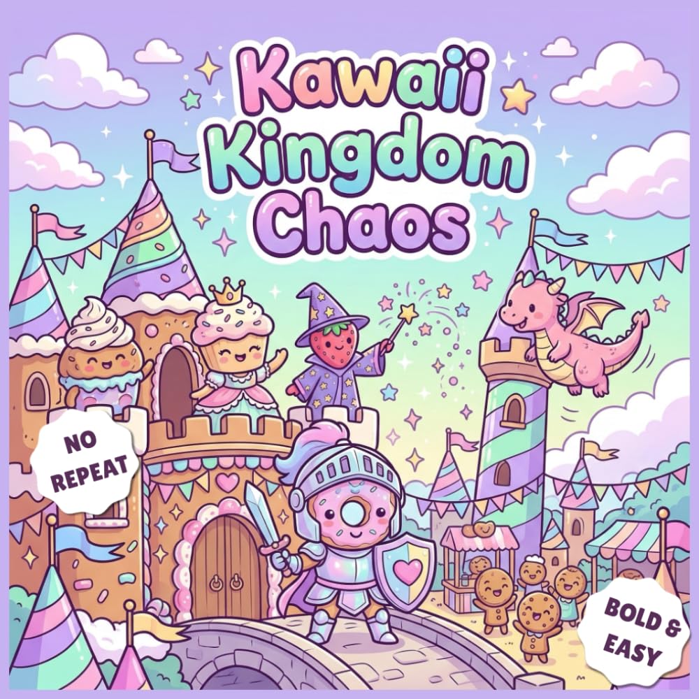 Kawaii Kingdom Chaos: Bold & Easy Cute Fantasy Coloring Book with No Repeat Pages | Cute Castles, Dragons, Knights & Sweet Kingdom Scenes | Relaxing Coloring for Kids, Teens & Adults