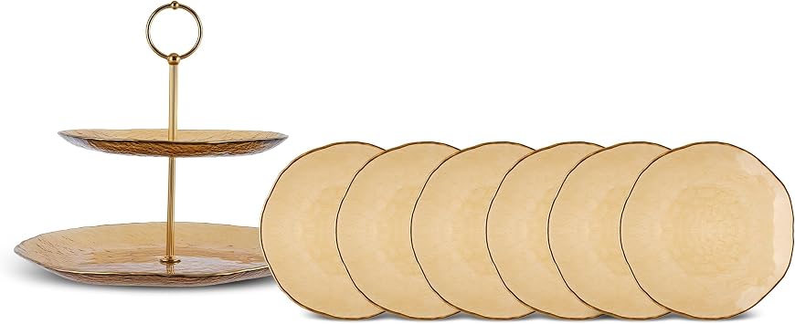 KARACA Dessert Plates and Cake Stand Set of 7 - Elegant & Stylish Large Side Plates for Afternoon Tea Party - Glass, Round & Dune Amber Colour - Ideal for Serving Appetizer or Salad to 6 People