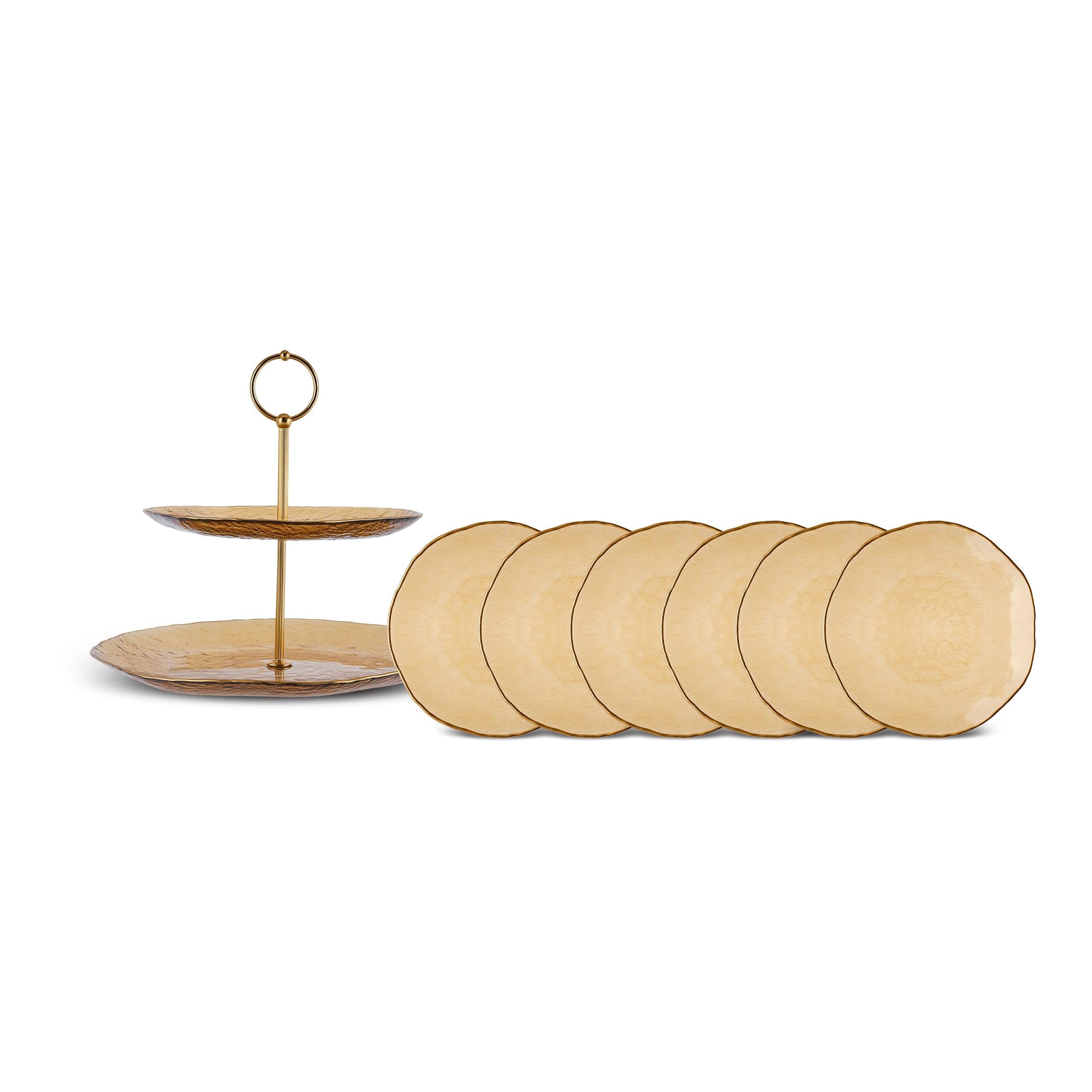 KARACA Dune Glass 7-Piece Dessert Set for 6 People, Cake Stand, Side Plate, Brown, Amber