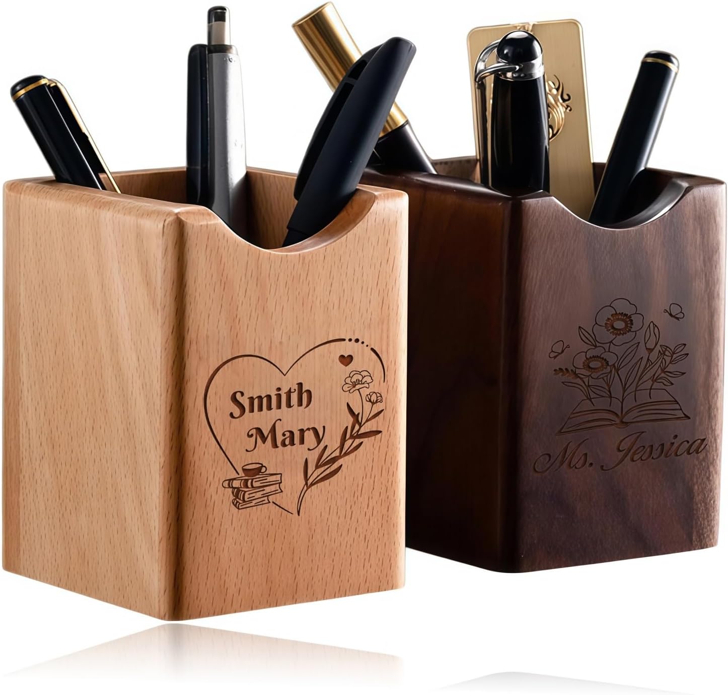 Custom Name Wood Pen Holder, Multi Purpose Wooden Pen Pot, Personalized Office Desktop Organizer Box, Thoughtful Gift For Coworker Or Friend(Walnut wood)
